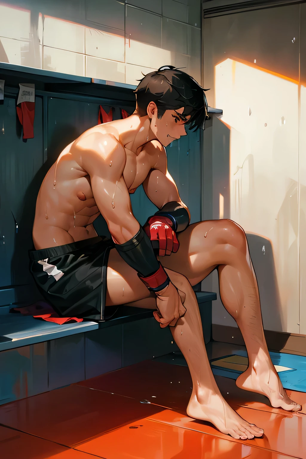 shirtless handsome manly short black hair caucasian male mma fighter, mma gloves, mma shorts, barefoot, sweat-drenched, soaking wet, drenched with sweat, sweating profusely, sitting on the bench, leaning against the wall, exhausted, panting, in the locker room