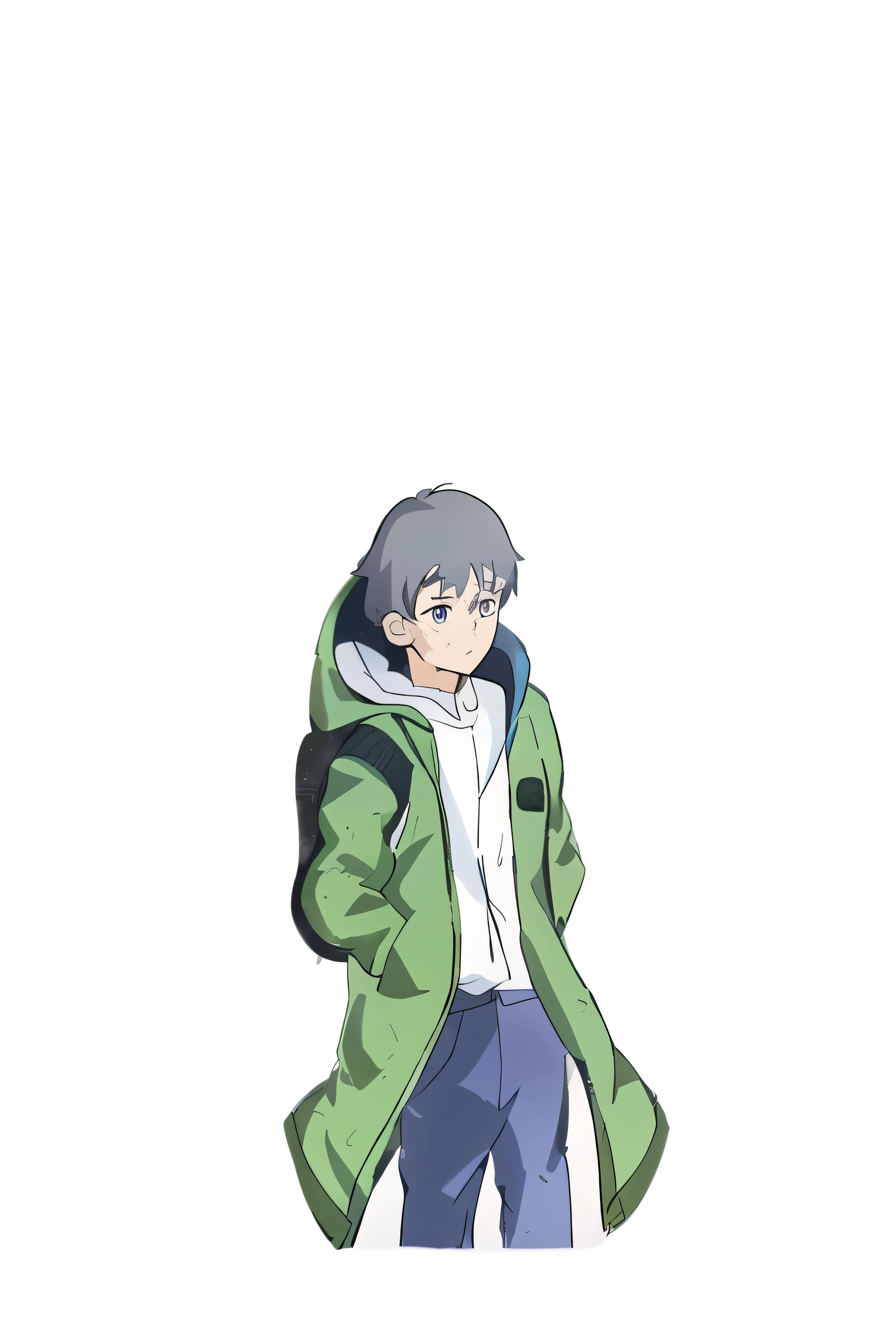 Close-up of a person wearing a green jacket and blue pants,, Produced in collaboration with Anime Painter Studio, 2D anime style, as an anime character, Inspired by Akihiko Yoshida, Goto Koharu, Kaji Kawatari, , Toru Furuya,Hayao Miyazaki