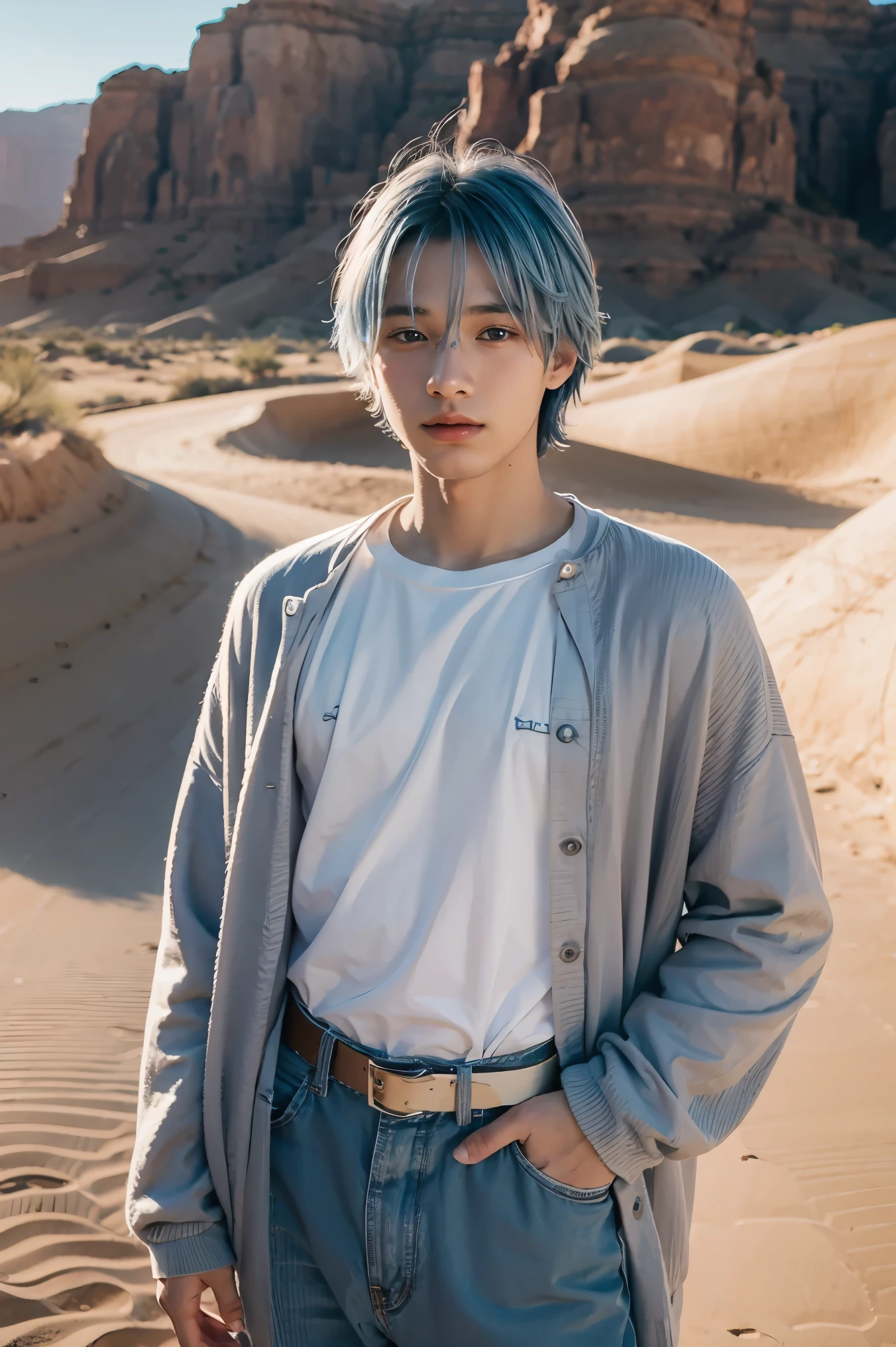 Beautifully drawn, high quality, ultra-detailed CG illustration of a young man with a serene expression, gazing into the distance with his striking light blue hair gently waving in the desert breeze. The scenery behind him is vast and breathtaking, drawing the viewers into a world of wonder and exploration.
