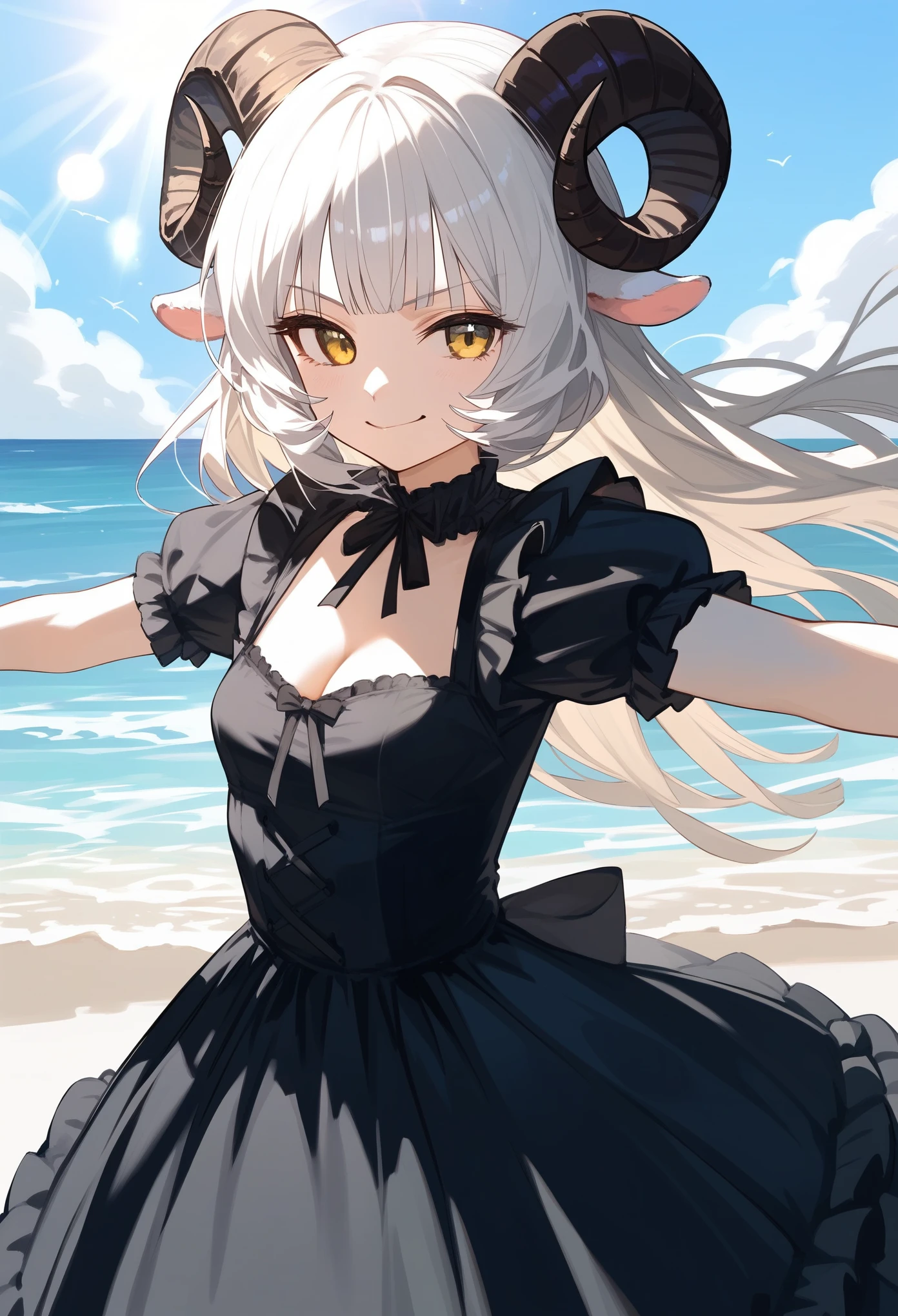 masterpiece, best quality, ultra high quality, (score_9, score_8_up, score_7_up), 1girl, solo, white hair, long hair, hime cut, long bangs, yellow eyes, sheep horns, curled horns, black horns, sheep ears, smirk, small breasts, standing, spread arms, upper body, victorian fashion, black dress, frilled dress, cleavage, short sleeves, she is in the beach, ocean behind, day, sunrays