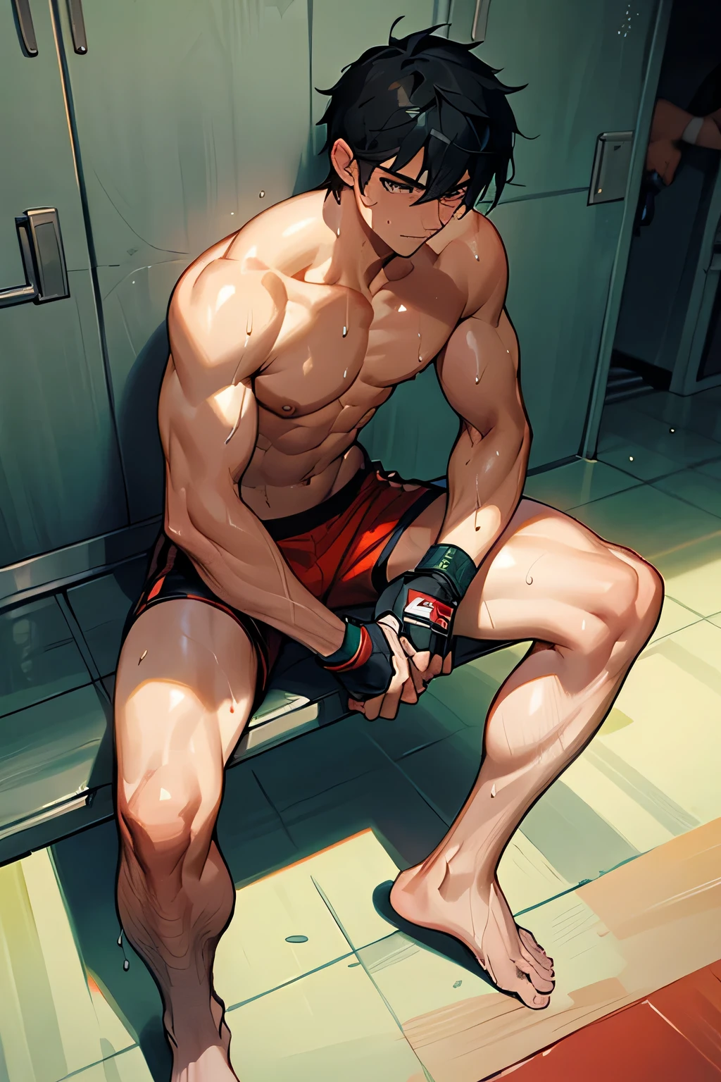 shirtless handsome manly short black hair caucasian male mma fighter, mma gloves, mma shorts, barefoot, sweat-drenched, soaking wet, drenched with sweat, sweating profusely, sitting on the bench, leaning against the wall, exhausted, panting, in the locker room