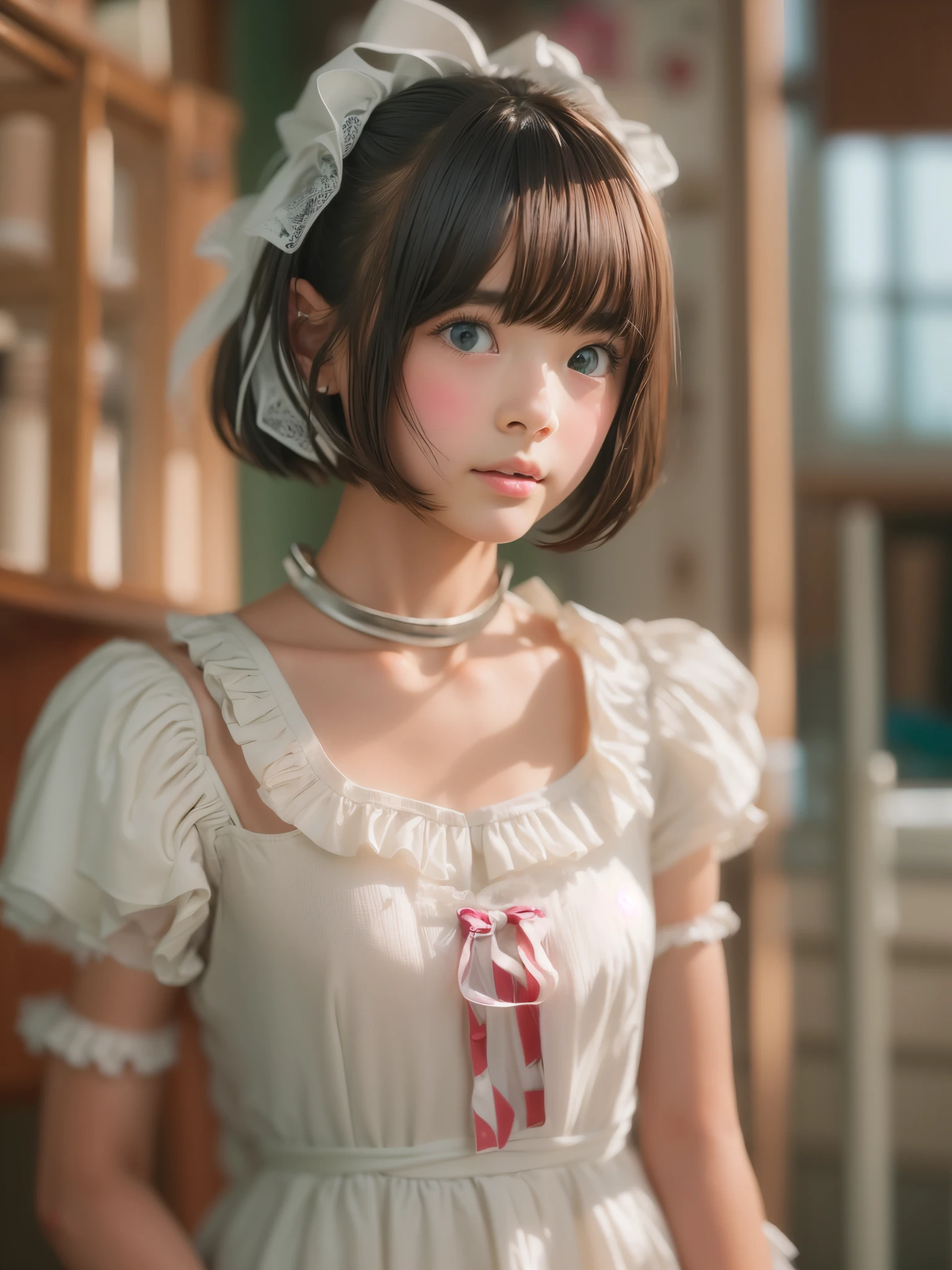 ((sfw: 1.4)), ((sfw, extra short hair, sidelocks-hair, 1Girl)), Ultra High Resolution, (Realistic: 1.4), RAW Photo, Best Quality, (Photorealistic Stick), Focus, Soft Light, ((15 years old)), ((Japanese)), (( (young face))), (surface), (depth of field), masterpiece, (realistic), wearing highly detailed (( maid clothes with frills and ribbon)), bangs, ((1 girl)),(half body image:1.5)