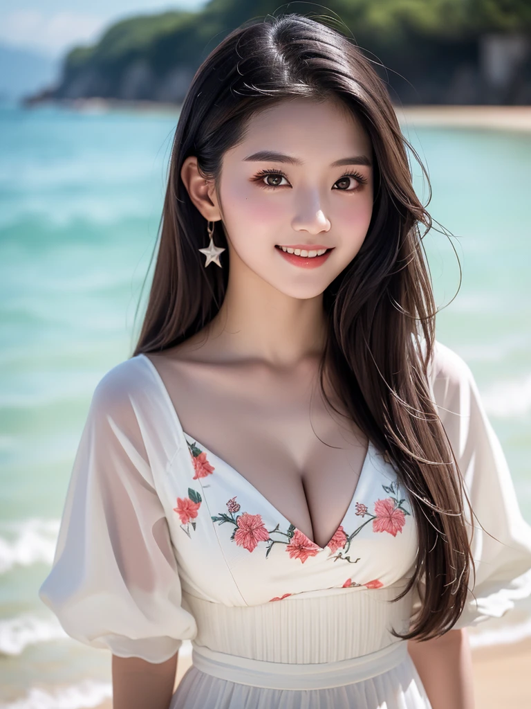 best qualtiy，tmasterpiece，Ultra-high resolution，（Reality：1.4），RAW photogr，1girll，long whitr hair，Face Highlighting，Pure，Girly，Flushing，18yr old，18-year-old smiling female classmate，Pure，Innocent，（best qualtiy，8K，tmasterpiece:1.3），Goose egg face，largeeyes，long eyelasher，Exquisite（live-action realistic style），Star-like eyes，Ultimate face，Photorealistic light and shadow，Clear facial features，Milky white skin，Fair skin， highdetailskin， Realistic skin details， Visible Pore，（Super detail），（perfect bodies：1.1），long whitr hair，（dynamicposes），((Dynamic background((volumettic light：1.3))，Bigchest，deep v big breasts，Long floral dress，Feel free，Dashing，Ideal girlfriend，sea beach，standing on your feet，long leges