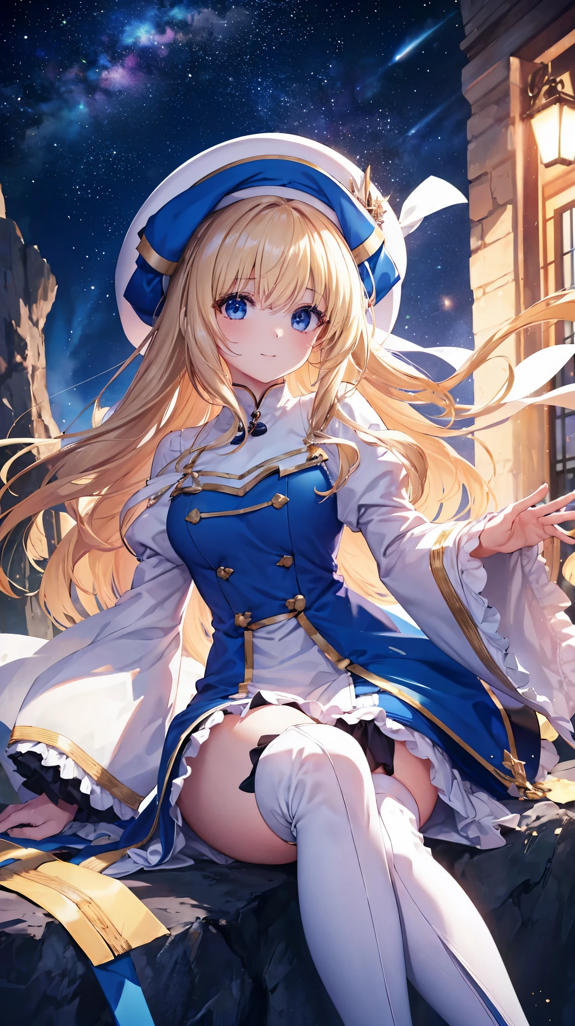 highest quality、best image quality、In 8K,4k,masterpiece、Super detailed、beautiful、super high quality、nice,game CG,Beautiful girls,five fingers,(Upper body:1.3),shrine maiden, blonde hair, blue eyes, long hair, hair between eyes,magic wand to grab,smile,knee high boots, dress, frills sleeves, frills, have, white hat, pelvic curtain, high heels, robe, thigh boots, white thighs, long sleeve, plump sleeves,hair blowing in the wind、starry sky,A mysterious space,(Sitting on a big rock),I clasped my hand,Light Powder