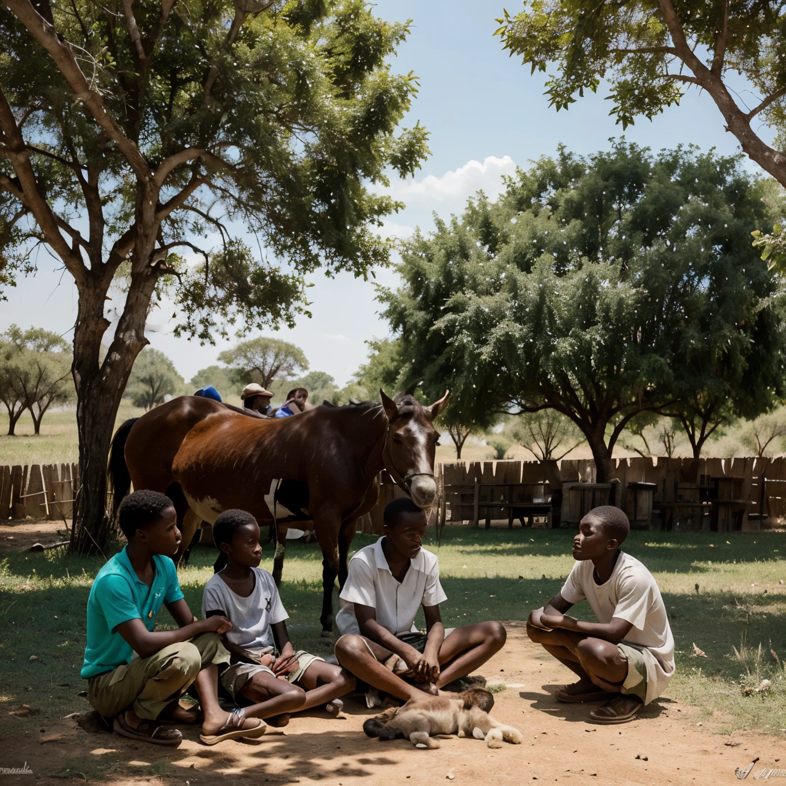 15 year old boy, a goat herder sitting under a shady tree in the savanna with his 3 friends and several horses