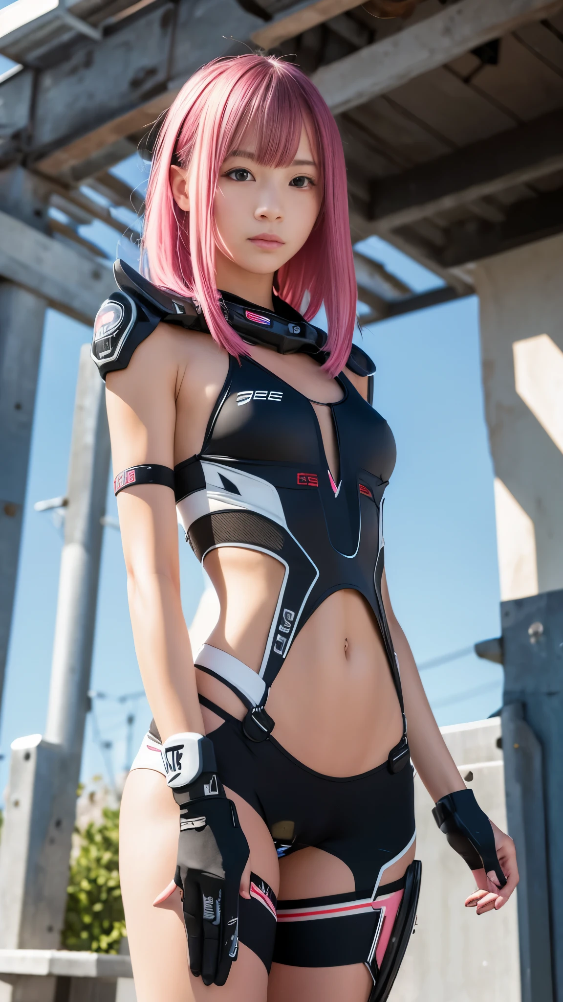 high quality, ​realistic masterpiece, two close friends, Beautiful tween girls, small skinny girls, cute girl face, cyberpunk, Wearing futuristic robotic tactical shear armor cyberpunk suit with cutouts showing body, skinny athletic body showing legs, innocent, playful, Famous actresses of Japan, very beautiful face, pink hair