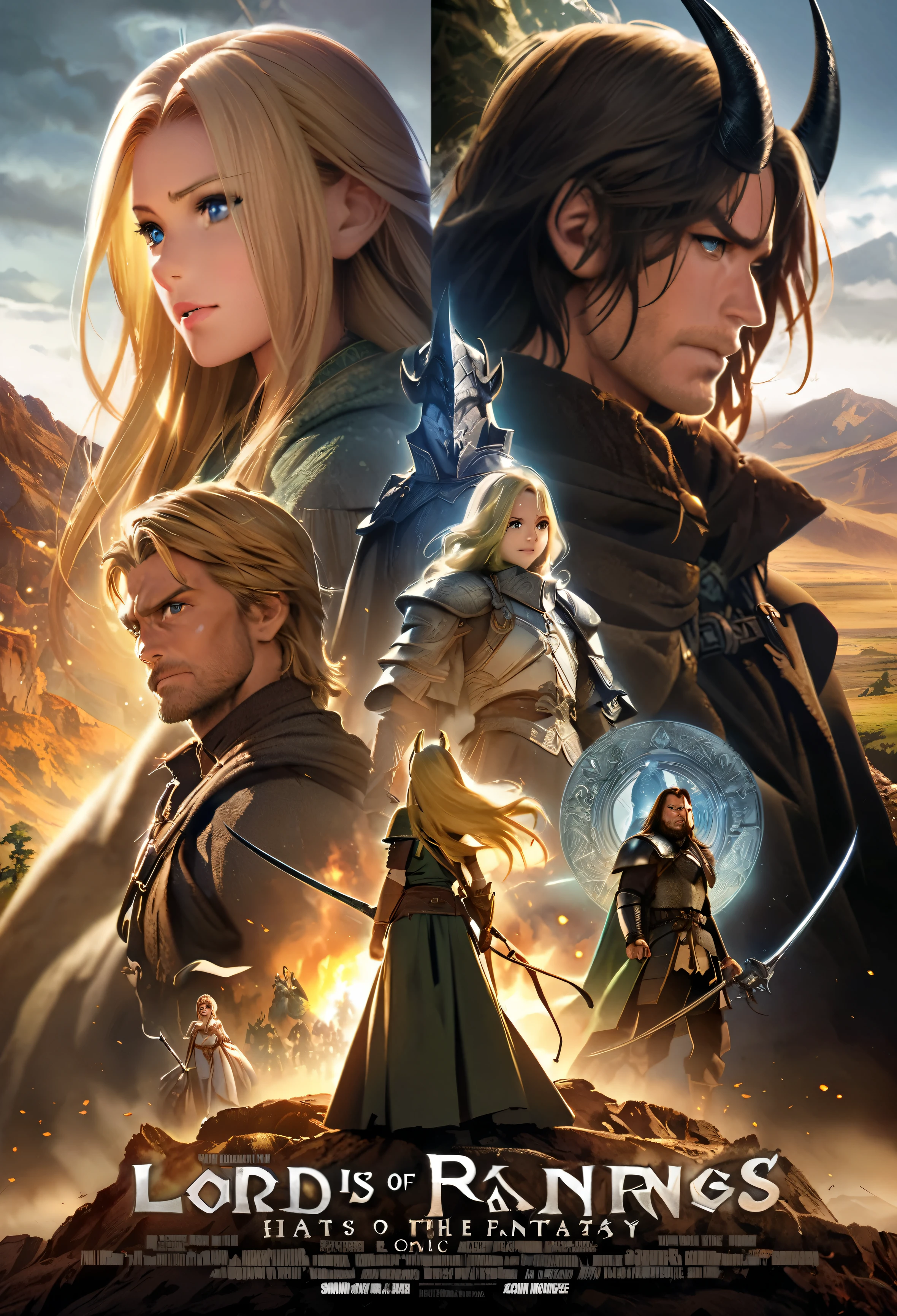 Movie Posters，book cover，Japanese cartoons，Anime style，Western Fantasy，Lord of the Rings，middle earth, Young man in armor，It has black horns，Back to back with a blond woman in gorgeous clothes and golden horns，Brother and sister,Mythology Elements Battle Comics,Title in the middle