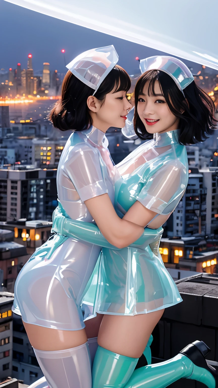 (masutepiece:1.0), (Best Quality:1.4), (A high resolution:1.2), (Photorealistic:1.4),(close up:1.2), (8K, Raw photo:1.2), (Soft Focus:1.4),BREAK,There is 2 girls wearing latex nurse who is hugging each other and jumping to the sky and smiling and taking pictures.............................................................,full body lesbian,( her whole body covered with black latex:1.3),BREAK ,(one girl is wearing a translucent latex clear nurse:1.4),BREAK,(another girl is wearing a translucent latex clear nurse:1.4),BREAK,Slime skin,smooth tight nurse, translucent skin,Latex, Translucent body,latex shiny,detailed hand fingers,(glossy latex gloves:1.2), The perfect costume for your skin,BREAK,bob hair,(mint hair:1.3),glossy shiny reflective,natural make up,goddess of Japan, Glossy skin,gorgeous  japanese model,Tecateca,shiny,Slimy,(Glossy black thigh-high boots:1.2),BREAK,detailed background,in the middle of a city,(floating above a dense night city:1.6),(floating over a city:1.6),