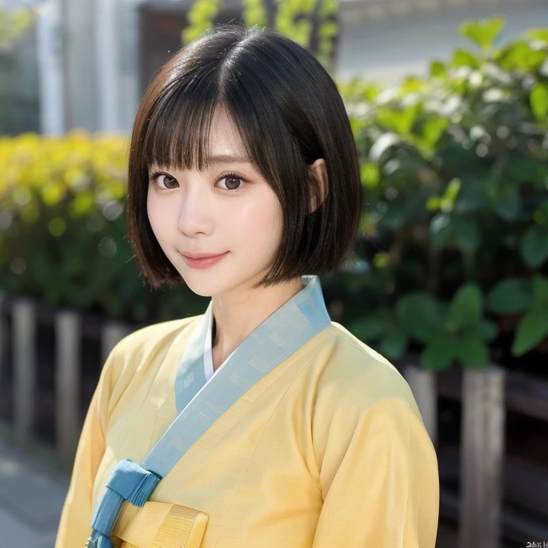 (kawaii 24 year-old Japanese girl, Nogizaka idol, Korean idol), (glossy black hair, very short hair, pixie cut, symmetric hair length, even length hair edges:1.3), (bangs), (rounded face, black eyes, single eyelid, no makeup, soft smiling:1.2), (wearing light yellow concept Hanbok, light yellow concept Korean traditional cloth:1.3), (flat chest, extra small breasts:0.8), (looking at viewer:1.2), BREAK, (sunny day outside background:1.3), (view from forward, portrait, extreme close shot:1.3), BREAK, (masterpiece, best quality, photo realistic, official art:1.4), (UHD, 8K quality wallpaper, high resolution, raw photo, golden ratio:1.2), (shiny skin), professional lighting, physically based rendering, award winning, (perfect anatomy, highly detailed skin, extremely detailed face and eyes), Carl Zeiss 85 mm F/1.4, depth of field, 1girl, solo,