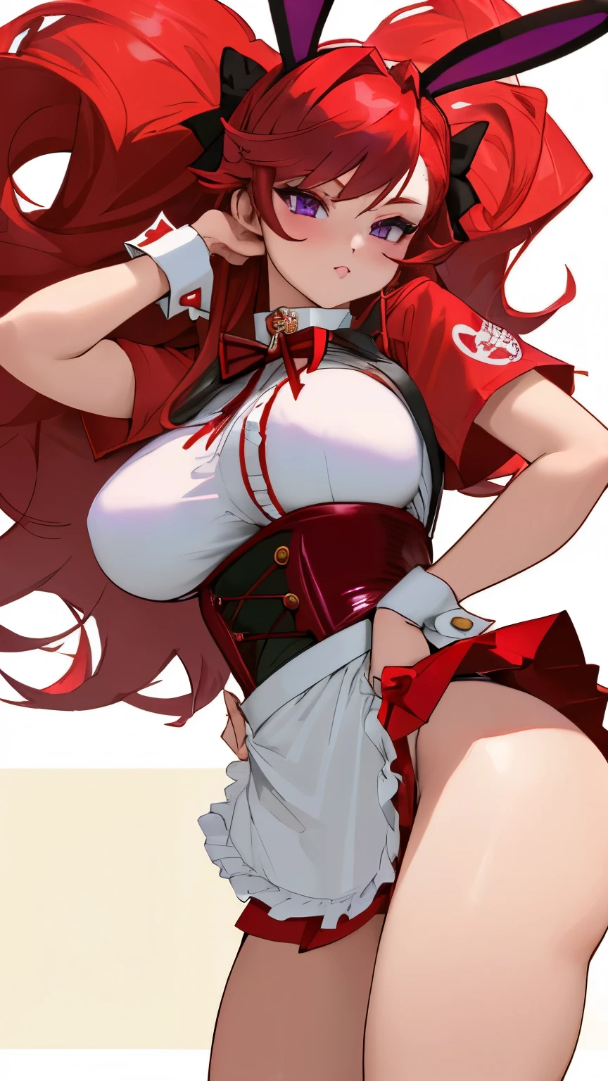 Outrageous, Best Quality, 1girl, solo, red hair, purple eyes, long hair, big, ahBunny, bunny ears, red corset, gakuran, aprons, red neck ribbons, red skirt, hair bow, short sleeves, wrist cuffs, white thighs, jingle bells, detailed face, huge breast, beach