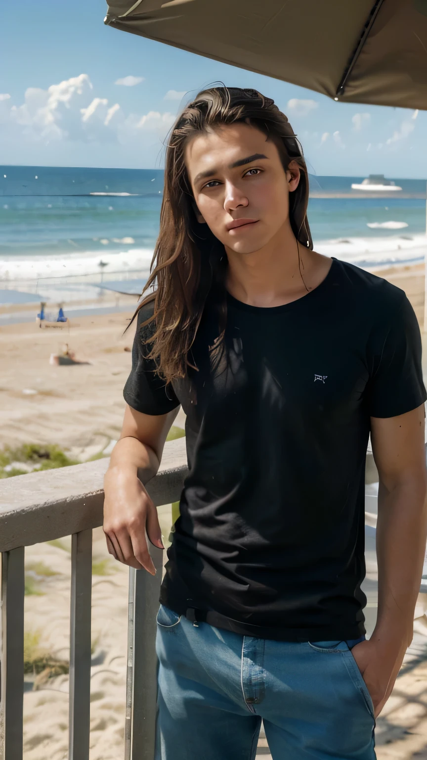 (8k, RAW photo, best quality, masterpiece:1.2), (realistic, photo-realistic:1.37), ultra-detailed, masterpiece HDR high quality Picture a young boy, 17 years old, handsome man, long black messy hair to his shoulder, sharp eyes, blue tshirt, standing at the beach, looking at the beach, expressing a sense of perplexity and curiosity, with a touch of humor, creating a warm and relaxed atmosphere, captured in high resolution (best quality, 4k), with ultra-detailed features, realistic colors, and a touch of bokeh, reminiscent of a candid snapshot.