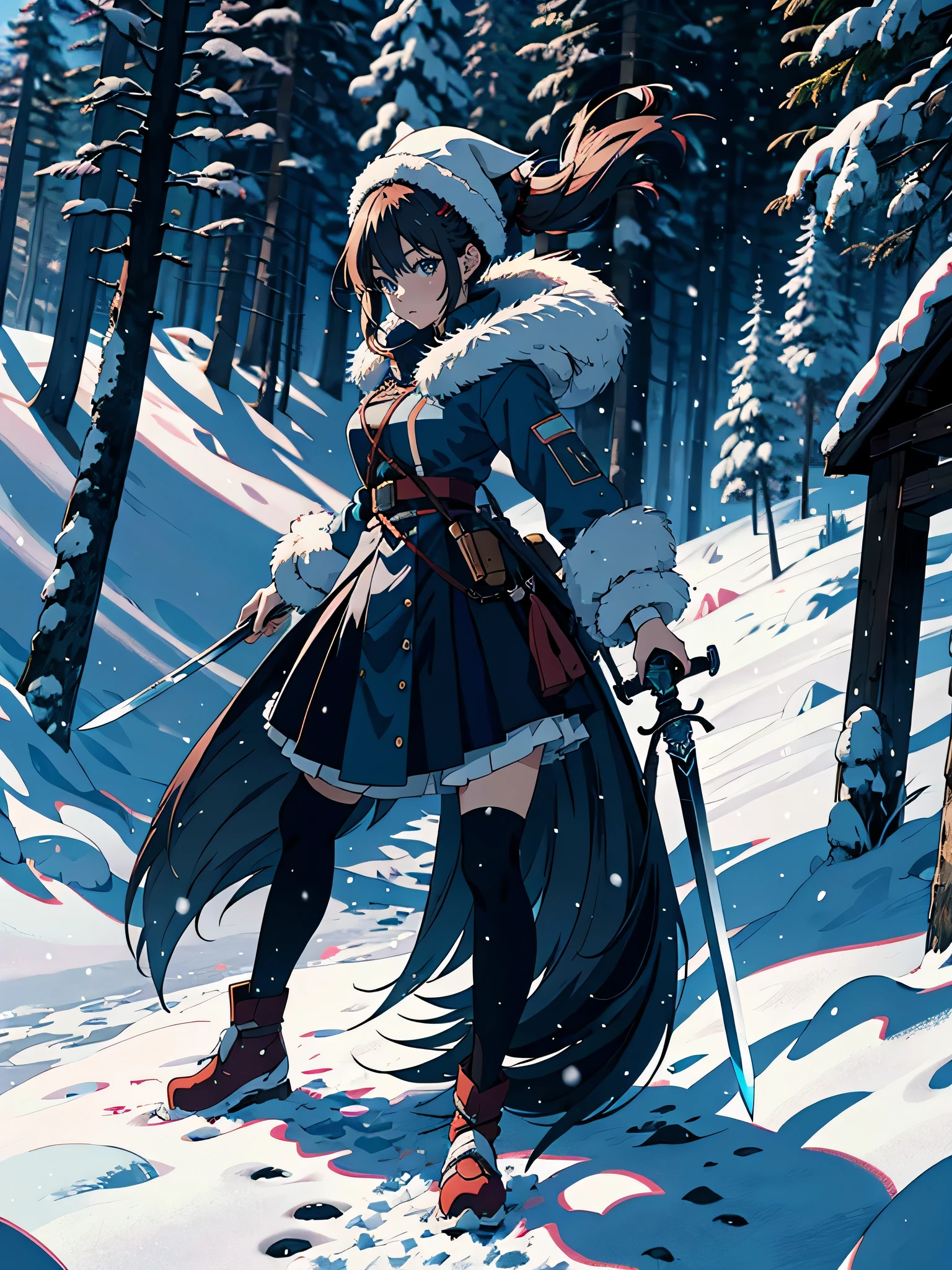 Anime girl with sword and wolf in snowy forest with hut, Amazing anime 8k, 4k anime wallpaper, anime wallpaper 4k, anime wallpaper 4k, anime art wallpaper 4k, anime art wallpaper 4k, anime art wallpaper 8k, 4K Manga Wallpapers, Female Action Anime Girl, Anime Style 4k, Spectacular anime style