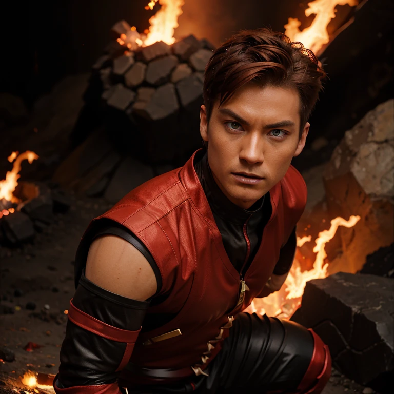A male ninja character, with a red and gold sleek suit, blue eyes and spiked up brown hair using fire powers, in a volcanic terrain