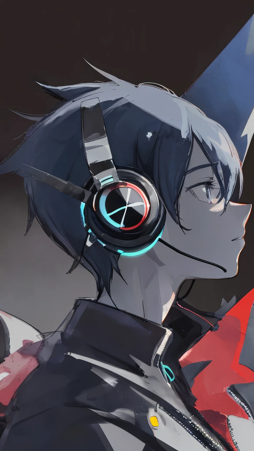 2D gorillaz animation of a young man in profile with large headphones who is alone and who is going gloomy, give me the complete character from head to foot
