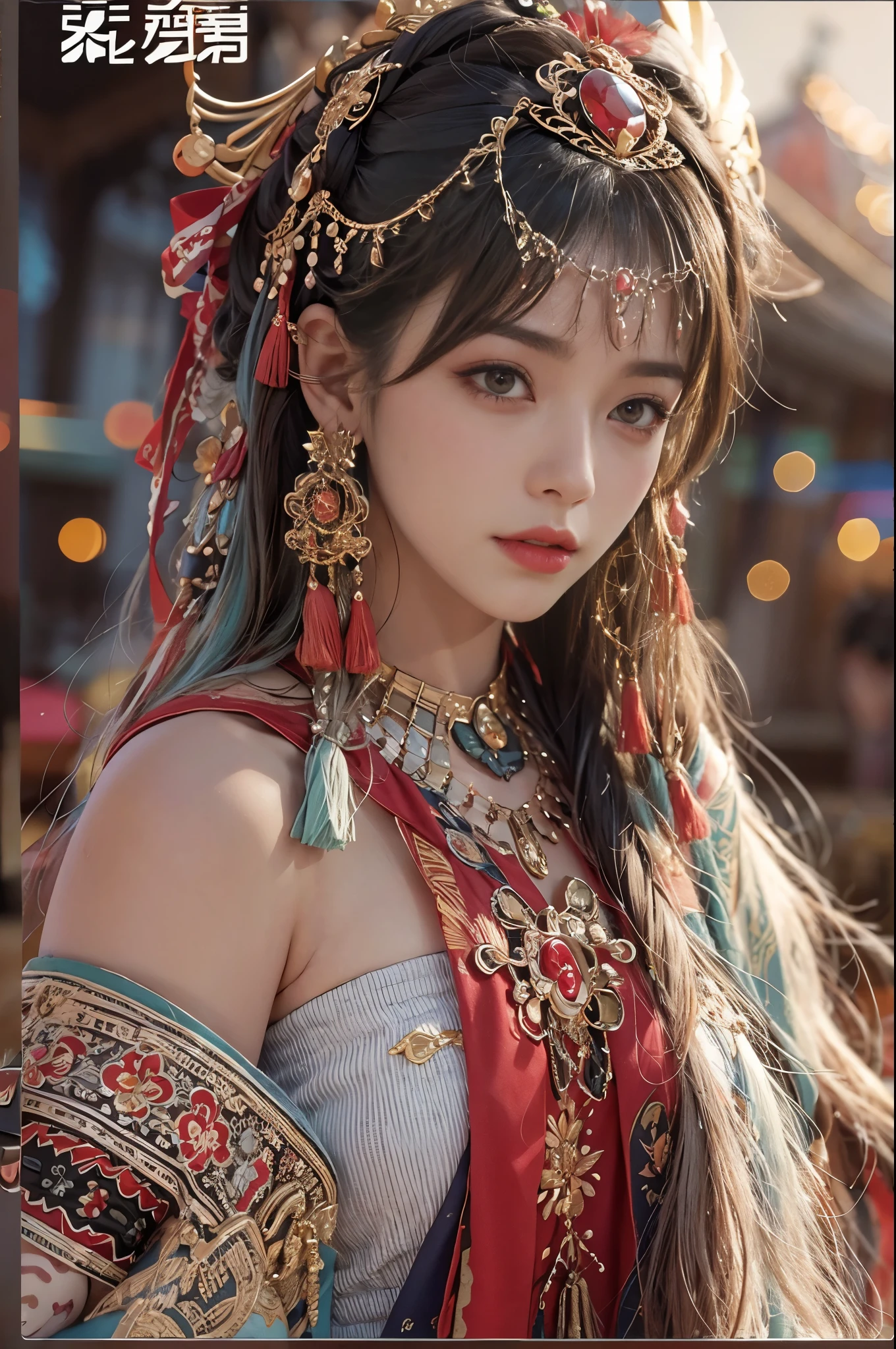 Best quality，masterpiece，((Ultra-fine high resolution))，（Reality：1.4），RAW photos，，Implications，1 girl，Handheld weapons，（Solo exhibitions：1.2），（cowboy lens：1.2），（hair crown：1.2），Traditional costumes of Dunhuang, China，Strapless，（Red Eyeliner：1.2），（black eyes：1.4），Earrings and Nipple Rings，Dynamic angle，Broken temple，carved，messy_long_hair，ink，Movie Lighting，lens_Flare，Velvet，peony，Nipple tassels，Ribbon，color embroidery，upper body，Facing the camera，dynamic poses，Large target，Embroidered cloth shoes