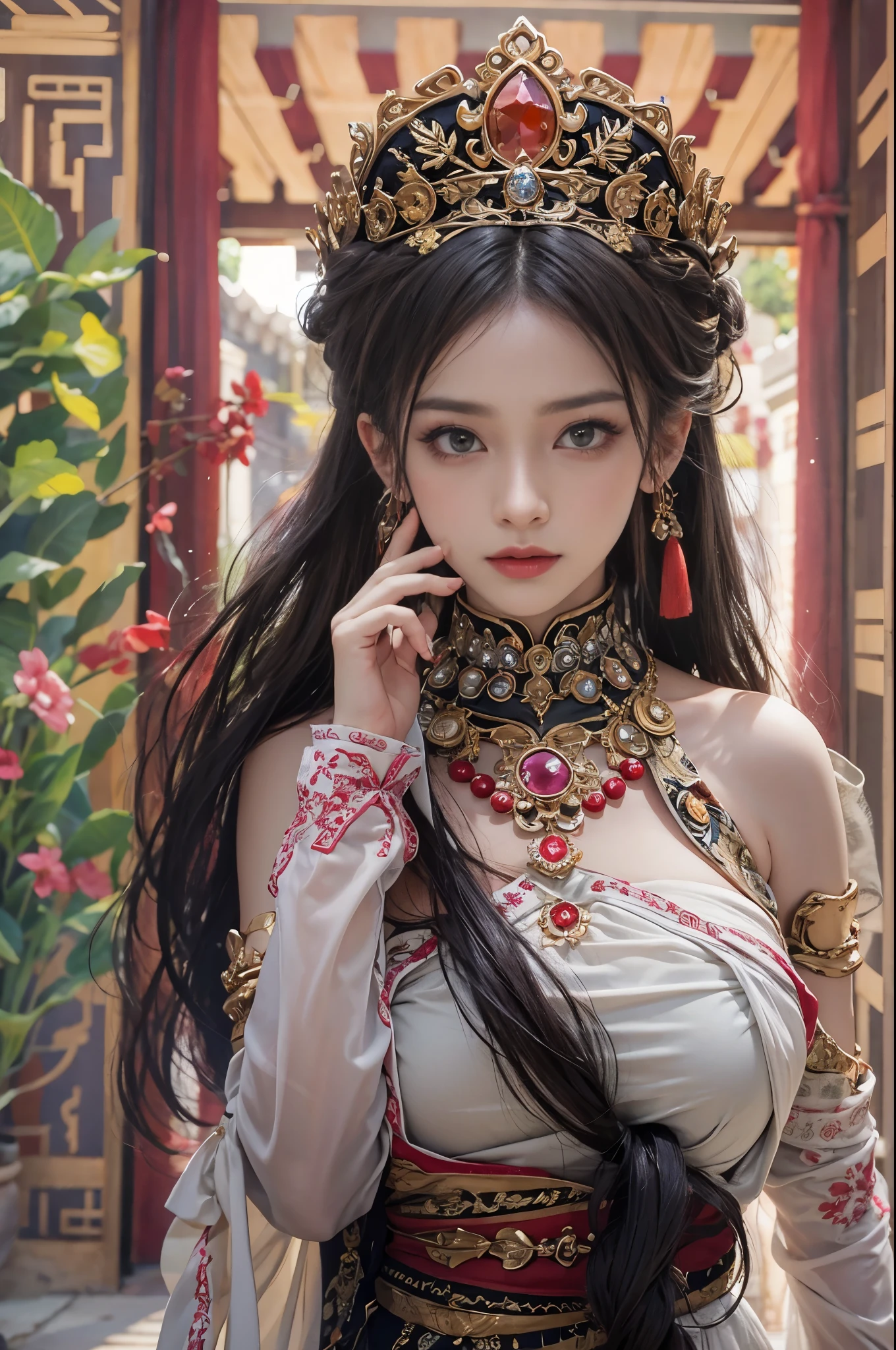 Best quality，masterpiece，((Ultra-fine high resolution))，（Reality：1.4），RAW photos，，Implications，1 girl，Handheld weapons，（Solo exhibitions：1.2），（cowboy lens：1.2），（hair crown：1.2），Traditional costumes of Dunhuang, China，Strapless，（Red Eyeliner：1.2），（black eyes：1.4），Earrings and Nipple Rings，Dynamic angle，Broken temple，carved，messy_long_hair，ink，Movie Lighting，lens_Flare，Velvet，peony，Nipple tassels，Ribbon，color embroidery，upper body，Facing the camera，dynamic poses，Large target，Embroidered cloth shoes