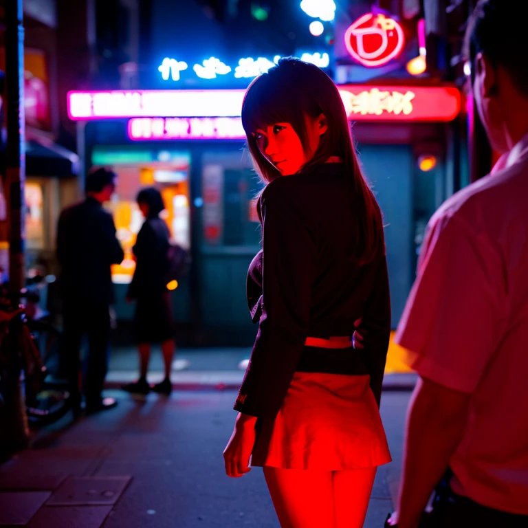 Tokyo&#39;s Red Light District　Woman in a mini skirt talking to a man　City of night　