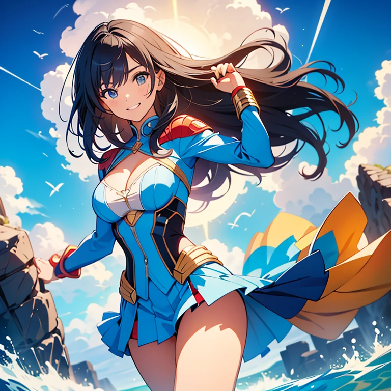 capitana marvel. beautiful 22 year old superhero girl. cabello rubio brillante sonrisa, rubor, ojos celestes. pechos grandes, disfraz de superheroe azul y amarillo. volando por el cielo , cabello rubio . piel clara rubia. pechos grandes. cuerpo completo, super girl suit. Short skirt, cleavage, tiny suit, trasero grande, sexy girl