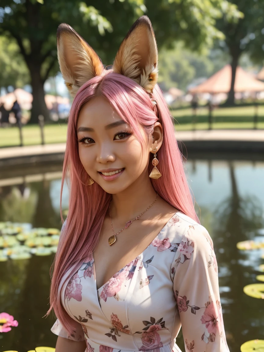 (SFW, age 30, floral dress, jewelry:1.45), (masterpiece:1.2), (best quality:1.2), (extremely detailed:1.2), (extremely detailed face), (photorealistic:1.2), (ultra detailed), (Hmong|Filipina|Blasian Kitsune woman, hourglass_figure:1.2), (straight_hair, fox_ears, fox_tail:1.2), detailed eyes, open mouth, (smile:0.8), (drinking lemonade in crowded park pond:1.3), looking at viewer, (skin tanning, best lighting:1.2), shiny skin, (smiling:1.1), (pink hair:1.0),