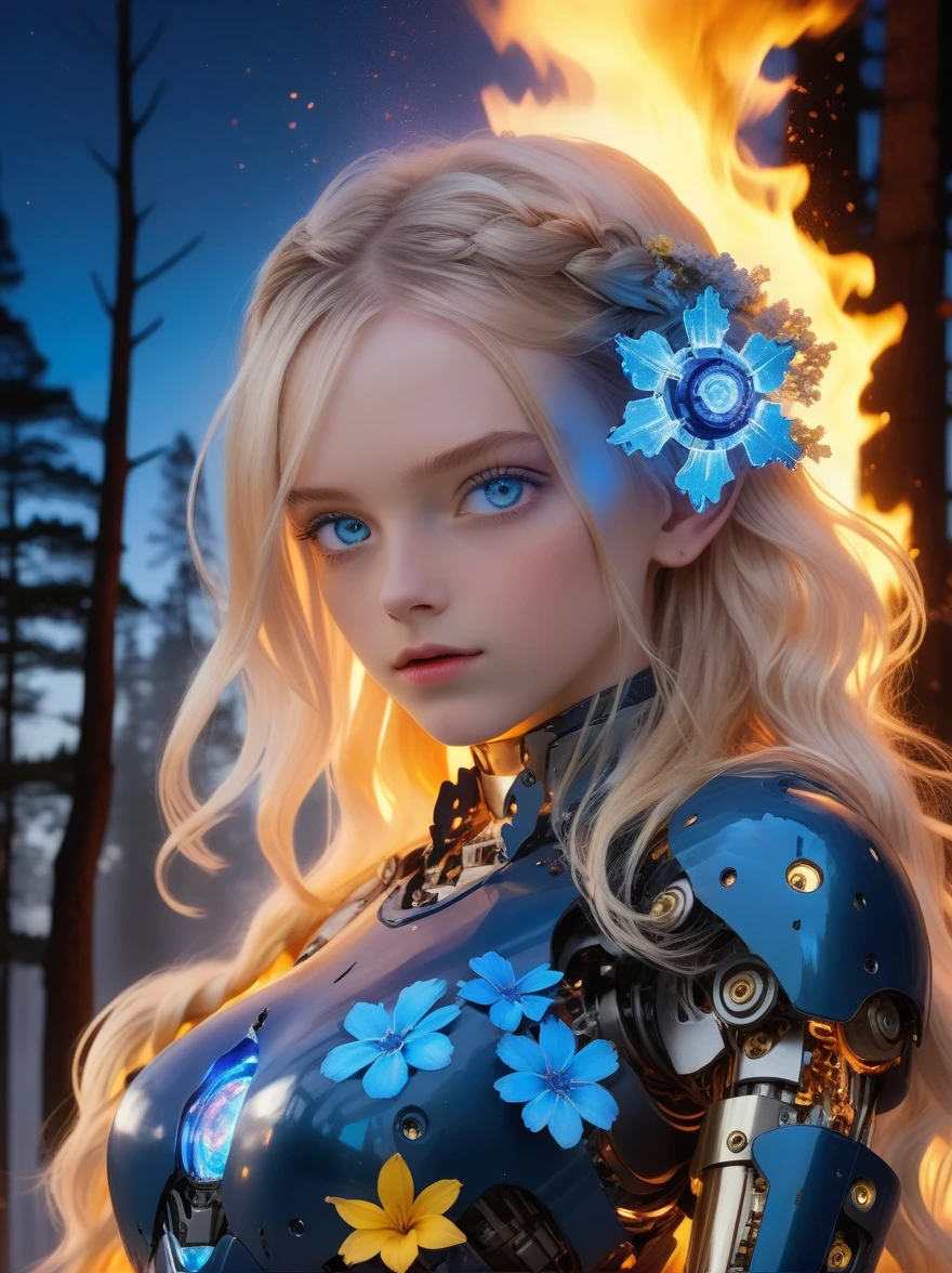 (covered in flowers:1.4), (1girl), blue eyes, night sky, robot joints, (raw flesh:1.3), (blonde hair:1.3), faize, fire and ice, (image split in half with multiple colours:2), (cogs attached to body:1.2), gold plates, blue eyes, sapphire, liquid metal, night sky, (looking at an angle:1.3), (fire and ice), ((ral-chrome)), (hair bow:1.4), (forest:1.3), (fog:1.3)