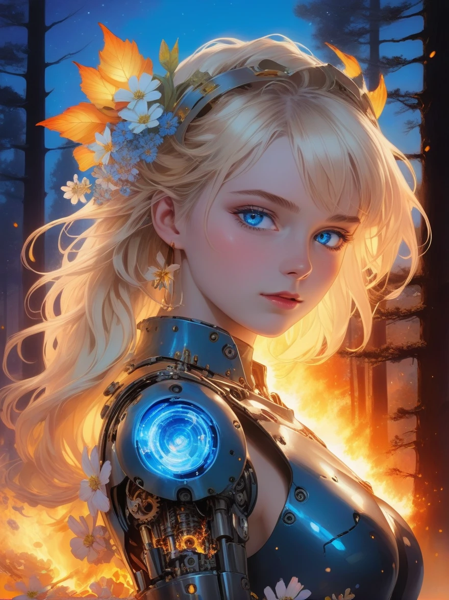 (covered in flowers:1.4), (1girl), blue eyes, night sky, robot joints, (raw flesh:1.3), (blonde hair:1.3), faize, fire and ice, (image split in half with multiple colours:2), (cogs attached to body:1.2), gold plates, blue eyes, sapphire, liquid metal, night sky, (looking at an angle:1.3), (fire and ice), ((ral-chrome)), (hair bow:1.4), (forest:1.3), (fog:1.3)