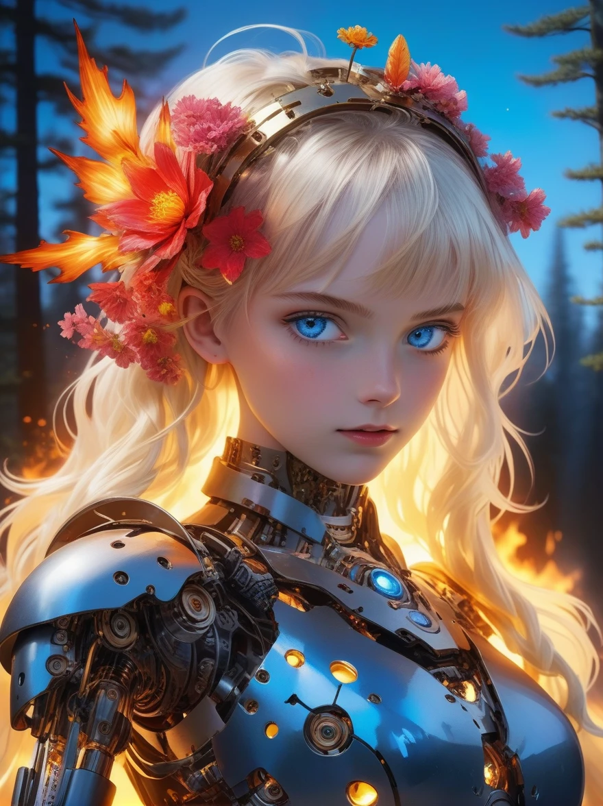 (covered in flowers:1.4), (1girl), blue eyes, night sky, robot joints, (raw flesh:1.3), (blonde hair:1.3), faize, fire and ice, (image split in half with multiple colours:2), (cogs attached to body:1.2), gold plates, blue eyes, sapphire, liquid metal, night sky, (looking at an angle:1.3), (fire and ice), ((ral-chrome)), (hair bow:1.4), (forest:1.3), (fog:1.3)