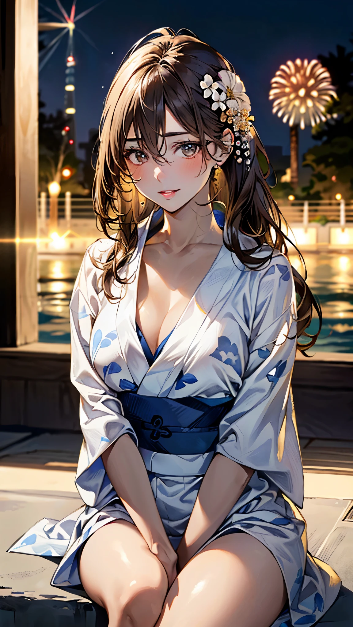 (masterpiece:1.3, top-quality, ultra high res, ultra detailed), (realistic, photorealistic:1.4), beautiful illustration, perfect lighting, natural lighting, colorful, depth of fields, surrealism,
beautiful detailed hair, beautiful detailed face, beautiful detailed eyes, beautiful clavicle, beautiful body, beautiful chest, beautiful thigh, beautiful legs, beautiful hands,
looking at viewer, (cowboy shot), 1 girl, high school girl, (perfect hands, perfect anatomy, anatomically correct), cute and symmetrical face, babyface, perfect face, perfect eyes, slender,
(long hair, half updo, light brown hair), hair between eyes, gold eyes, big eyes, (glossy lips:1.4), long eye lasher, (large breasts), shiny skin,
(detailed cloth texture, (white floral pattern navy blue yukata:1.2), sparkling little hair ornament:1.1),
(beautiful scenery), night, (sitting stairs, fireworks), hands between legs, (lovely smile, upper eyes),