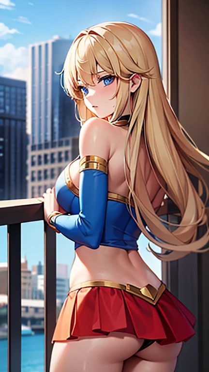 ((Best quality, Masterpiece, Nonsense)),1girll:1.9, Sexy, ( 18 years old, Expressive blue eyes, shoulder-length blonde hair, Long hair,Loose and fluffy hair),Dressed Supergirl cosplay (Super Girl Suite custom role-playing), Shortest red skirt,eechi, Terrace in 1 building, supergirl, cleavage, tiny thong, big tits, big butt, tiny bikini like suit,