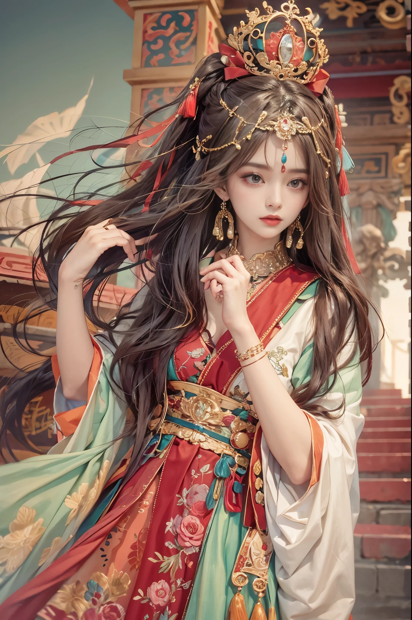 Best quality,masterpiece,((Ultra-fine high resolution)),(Reality:1.4),RAW photos,1 girl,(hair crown:1.2),Traditional costumes of Dunhuang, China,Strapless,(Red Eyeliner:1.2),(black eyes:1.4),Earrings and Nipple Rings,Dynamic angle,Broken temple,carved,Messy long hair,Movie Lighting,Velvet,peony,Nipple tassels,Ribbon,color embroidery,upper body,Facing the camera,dynamic poses,Large target,Embroidered cloth shoes