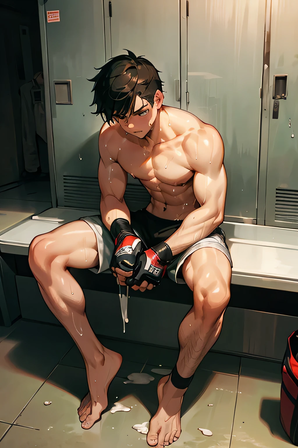 shirtless handsome manly short black hair caucasian male mma fighter, mma gloves, mma shorts, barefoot, sweat-drenched, soaking wet, drenched with sweat, sweating profusely, sitting on the bench, leaning against the wall, towel, bottled water, exhausted, panting, in the locker room