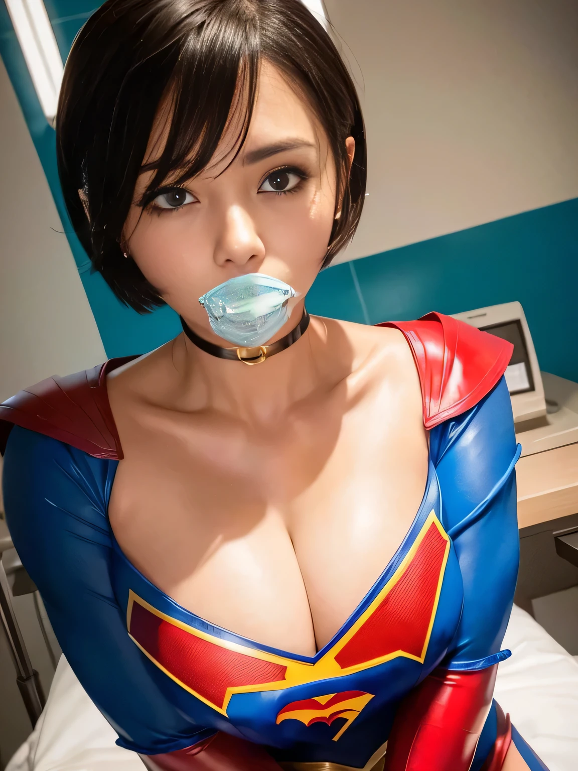 masterpiece、Enamel Supergirl Costume、Short Hair、Hospital operating table、Crisis situation、Big and ample breasts、looking at the camera、Shiny、Off the shoulder、choker、Long sleeve、Red exy poses to seduce、Sweaty、Model Body Type、Alluring、charm、Enchanting、abused、test subject、victim、Wild、