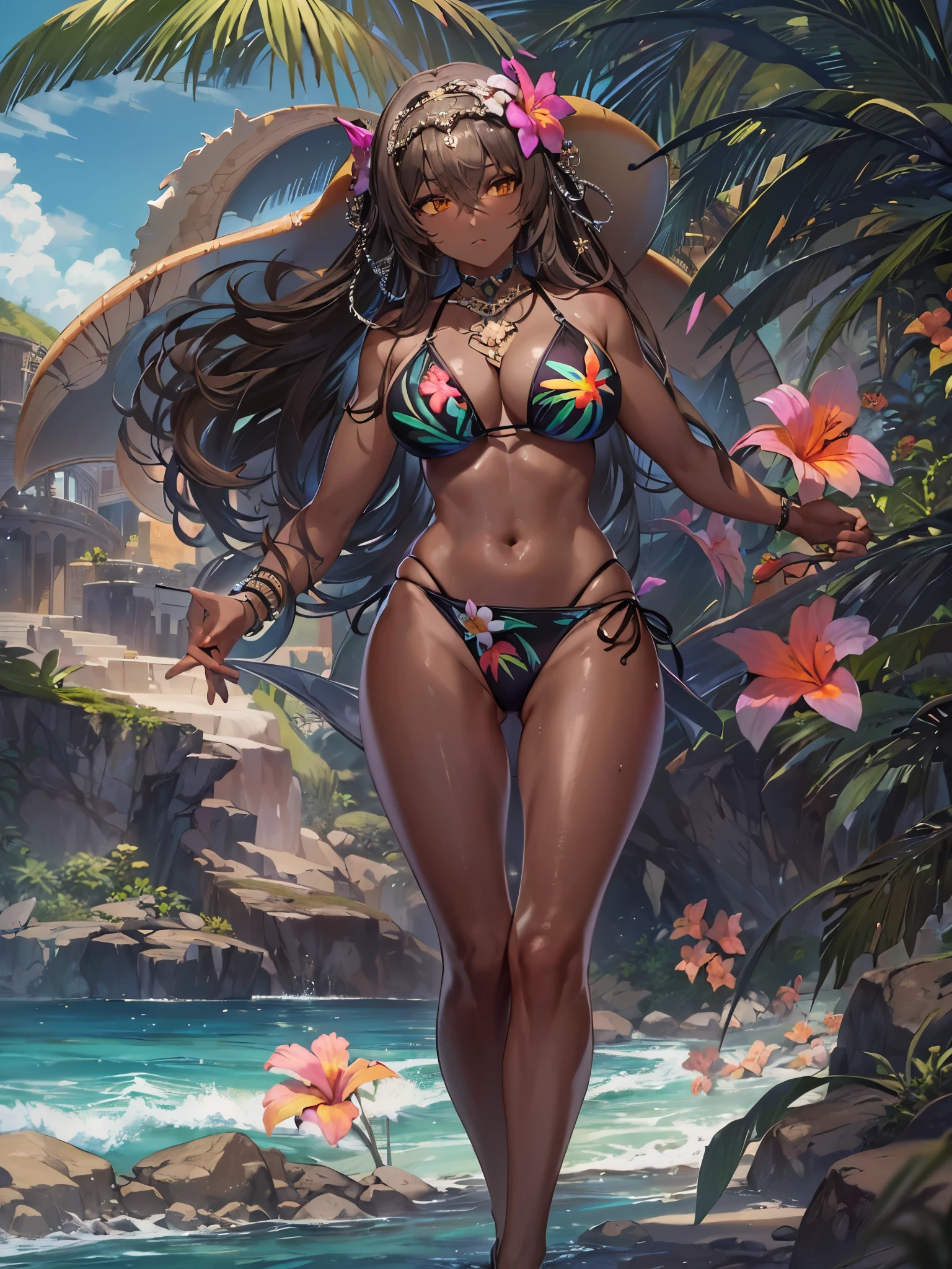 ((highest quality)),(Ultra-high resolution),(Very detailed),(Detailed Description),((The best CG)),(A masterpiece),Ultra-precise art,amazing drawing art,(Art with precise detail:1.5), (Dark skinned woman:1.7),(Tropical Flower Bikini Swimsuit:1.6),walk along the seaside, Blonde Hair, Sweat sparkles