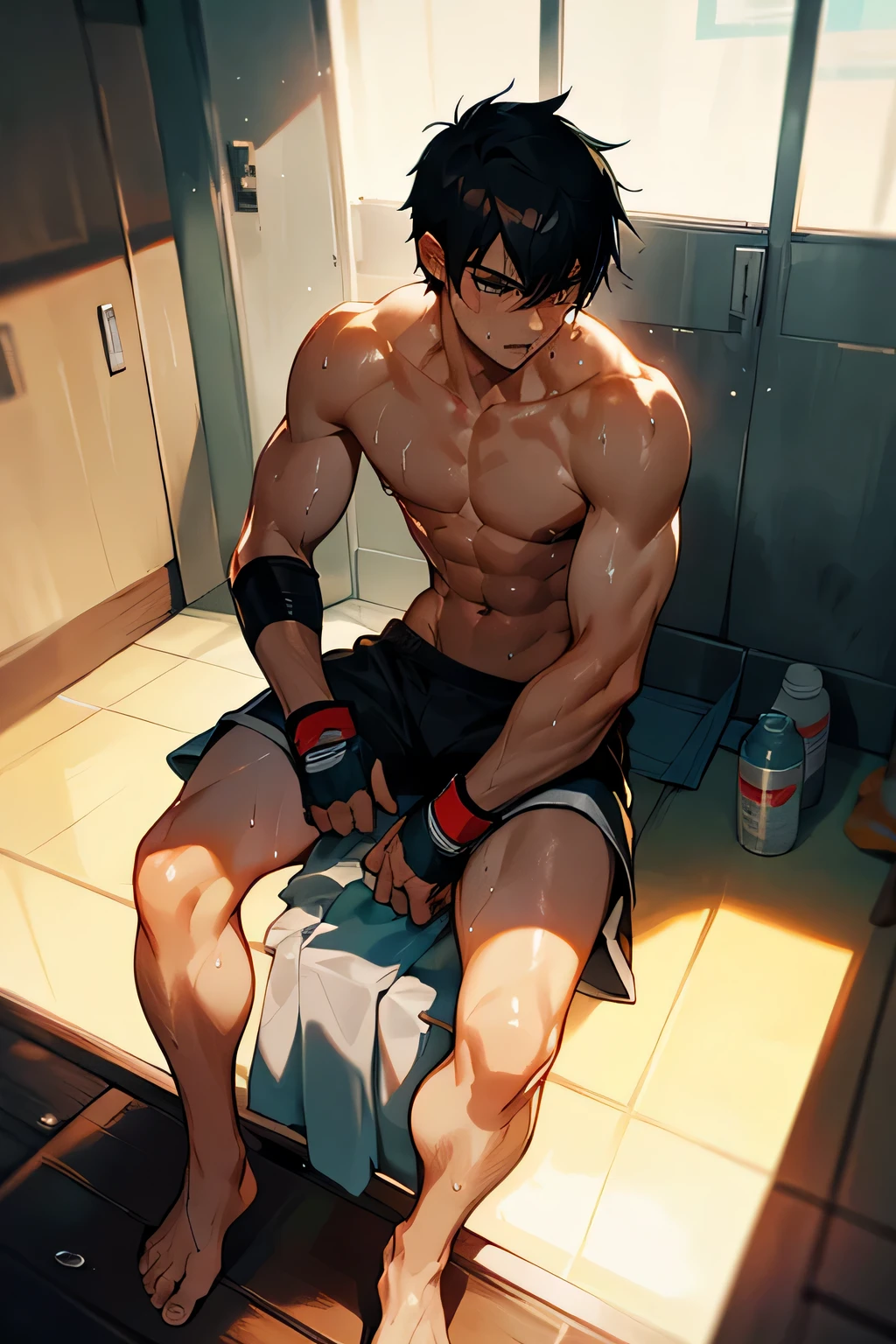 shirtless handsome manly short black hair caucasian male mma fighter, mma gloves, mma shorts, barefoot, sweat-drenched, soaking wet, drenched with sweat, sweating profusely, sitting on the bench, leaning against the wall, towel, bottled water, exhausted, panting, in the locker room