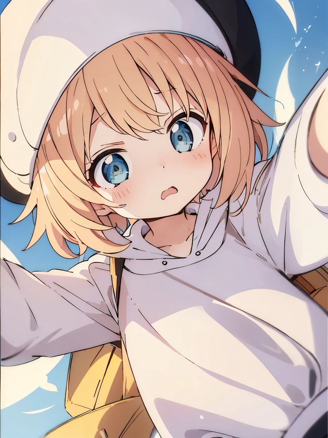 1girl,6 years old,blonde hair ,Run, panic expression,blonde hair,blonde hair,short hair, blue eyes,White hoodie, white trousers, white hat, black backpack,very short hair, side bangs,ultra detail, ultra HD