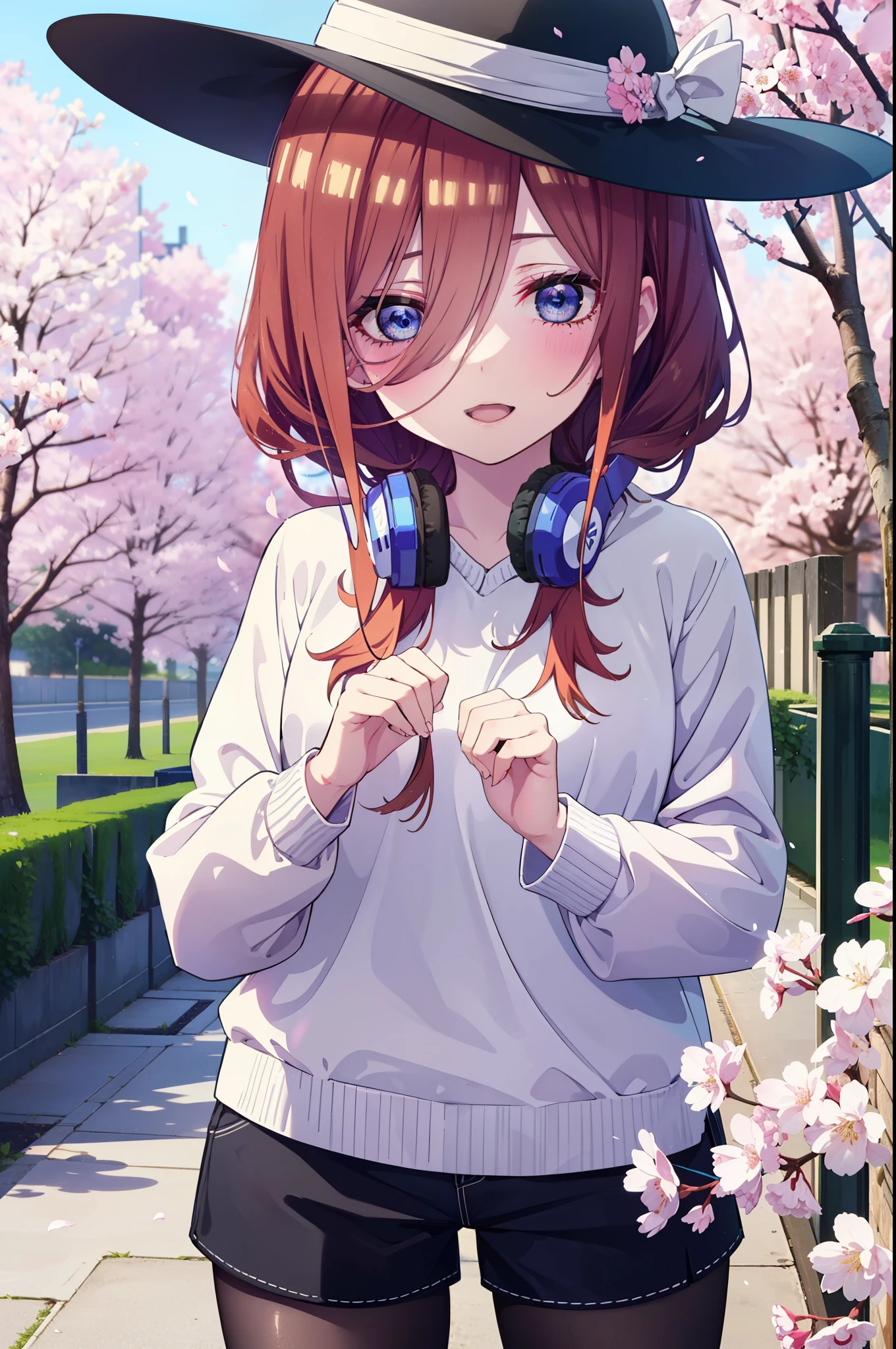 Miku Nakano, Miku Nakano, Long Hair, bangs, blue eyes, brown hair, shirt, Hair between the eyes, smile,blush,Open your mouth,Headphones around neck,オーバサイズチェック柄shirt,Shorts,Black pantyhose,Hunting Hat,short boots,Cherry blossoms are blooming,Cherry blossoms are scattered,Cherry blossom tree-lined path,whole bodyがイラストに入るように,
break outdoors, garden,
break looking at viewer,whole body, (Cowboy Shot:1. 5)
break (masterpiece:1.2), highest quality, High resolution, unity 8k wallpaper, (figure:0.8), (Beautiful fine details:1.6), Highly detailed face, Perfect lighting, Highly detailed CG, (Perfect hands, Perfect Anatomy),