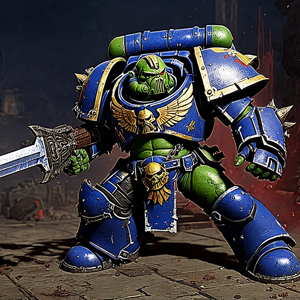 In warhammer 40k, a bloody and battered Space marine (bruised, damaged armor) defiantly wields a chain sword against an Ork warrior