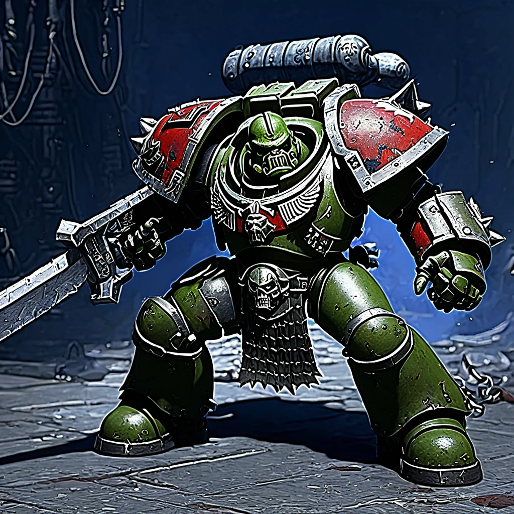 In warhammer 40k, a bloody and battered Space marine (bruised, damaged armor) defiantly wields a chain sword against an Ork warrior