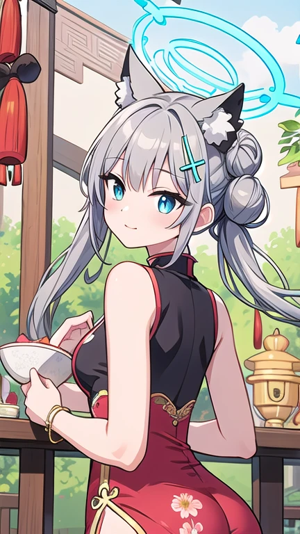 shiroko_bluearchive,beast ears,from behind,turn around, one girl with long twintail bun hair, skirtlift,looking at viewer, expose her camel toe,little smile,chinese dress, flower pattern, sleeveless, outdoor, festival, temple, slim, dizzy, big-chest, wide hips, perfect waist, day atmosphere, hair ornament, standing, upper body,