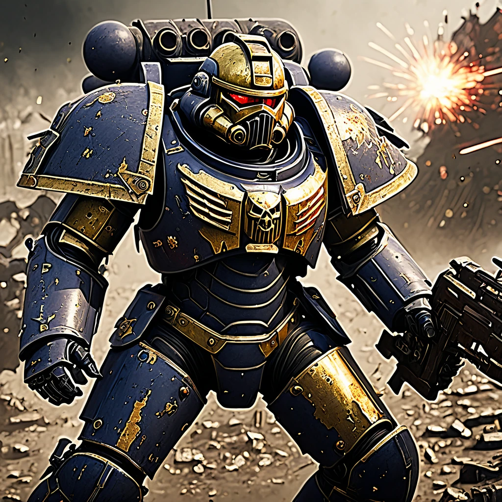 (best quality,4k,8k,highres,masterpiece:1.2),ultra-detailed,(realistic,photorealistic,photo-realistic:1.37),warhammer 40k,Space marine,bloody,battered,bruised,damaged armor,defiantly,wields,chain sword,Ork warrior,grimdark,sci-fi,dystopian,futuristic,violent battle,smoke and dust,weapon clash,explosions,bullet shells flying,splattering blood,war-torn battlefield,heavy war machinery,desolate background,laser beams piercing the air,intense combat,high contrast lighting,gritty textures,grungy atmosphere,metallic surfaces,golden embossed armor,detailed facial features,ragged battle flag,floating debris,fierce determination