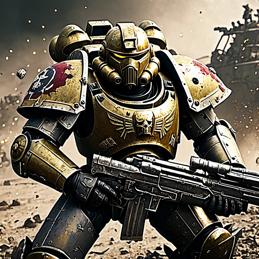 (best quality,4k,8k,highres,masterpiece:1.2),ultra-detailed,(realistic,photorealistic,photo-realistic:1.37),warhammer 40k,Space marine,bloody,battered,bruised,damaged armor,defiantly,wields,chain sword,Ork warrior,grimdark,sci-fi,dystopian,futuristic,violent battle,smoke and dust,weapon clash,explosions,bullet shells flying,splattering blood,war-torn battlefield,heavy war machinery,desolate background,laser beams piercing the air,intense combat,high contrast lighting,gritty textures,grungy atmosphere,metallic surfaces,golden embossed armor,detailed facial features,ragged battle flag,floating debris,fierce determination