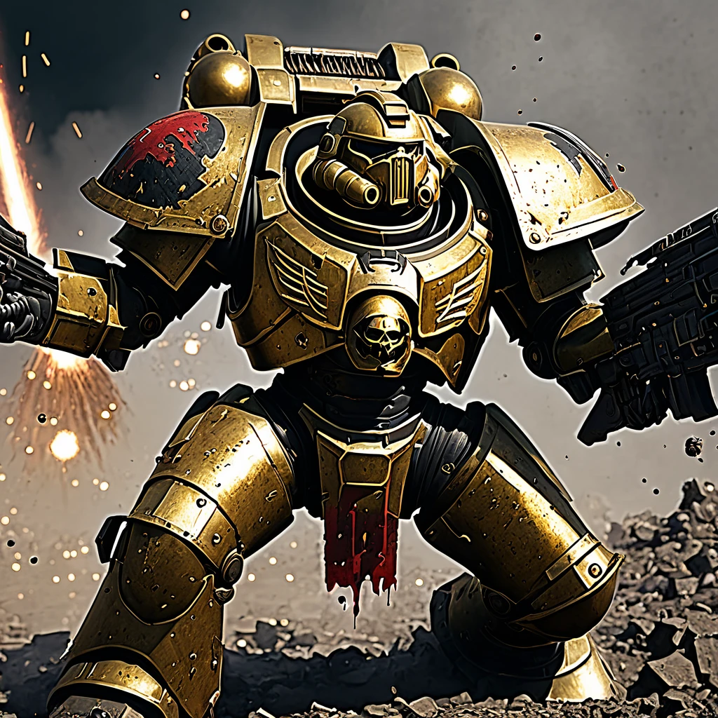 (best quality,4k,8k,highres,masterpiece:1.2),ultra-detailed,(realistic,photorealistic,photo-realistic:1.37),warhammer 40k,Space marine,bloody,battered,bruised,damaged armor,defiantly,wields,chain sword,Ork warrior,grimdark,sci-fi,dystopian,futuristic,violent battle,smoke and dust,weapon clash,explosions,bullet shells flying,splattering blood,war-torn battlefield,heavy war machinery,desolate background,laser beams piercing the air,intense combat,high contrast lighting,gritty textures,grungy atmosphere,metallic surfaces,golden embossed armor,detailed facial features,ragged battle flag,floating debris,fierce determination