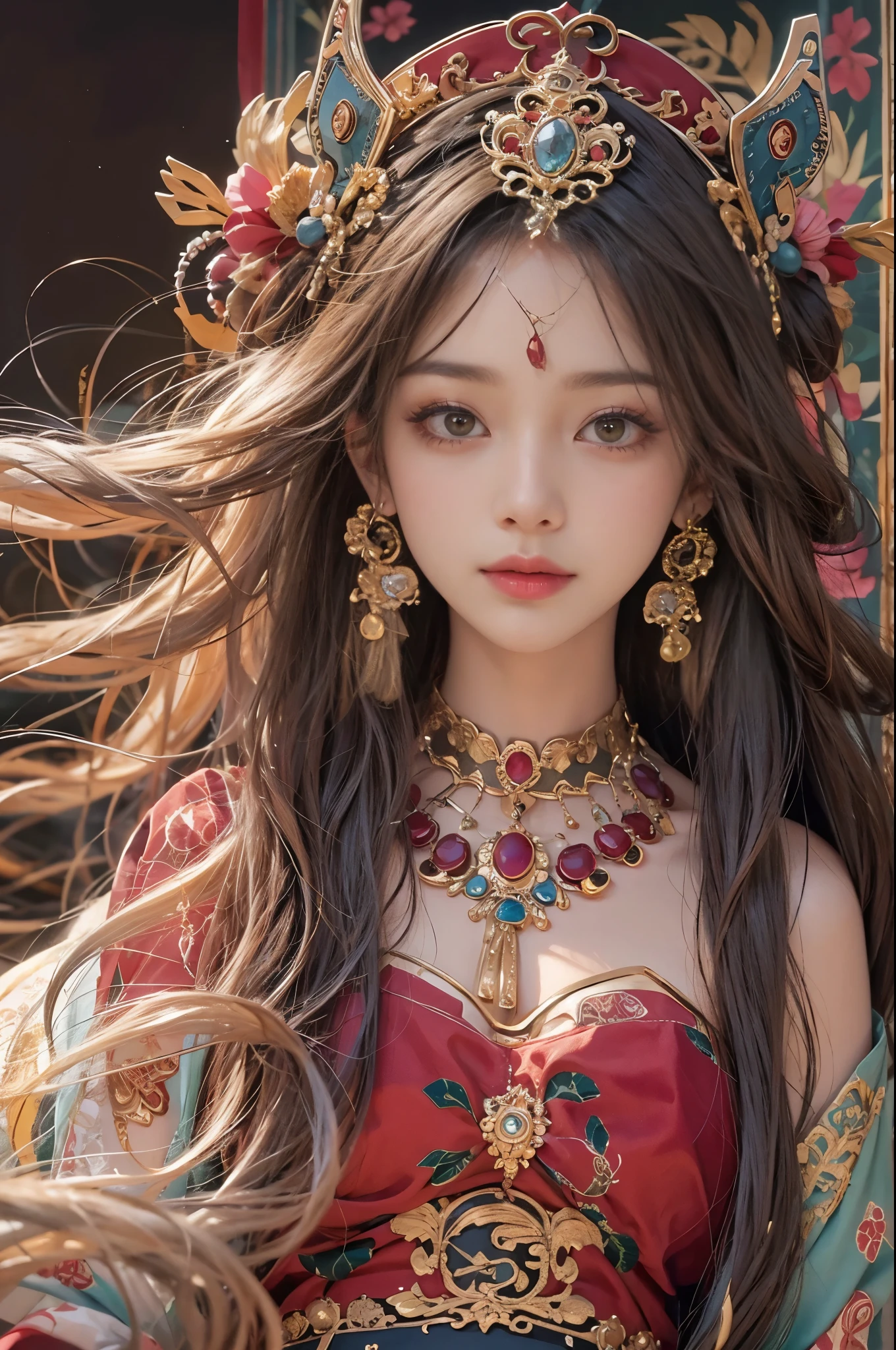 Best quality,masterpiece,((Ultra-fine high resolution)),(Reality:1.4),RAW photos,1 girl,(hair crown:1.2),Traditional costumes of Dunhuang, China,Strapless,(Red Eyeliner:1.2),Earrings and Nipple Rings,Dynamic angle,Broken temple,carved,Messy long hair,Movie Lighting,Velvet,peony,Nipple tassels,Ribbon,color embroidery,upper body,Facing the camera,dynamic poses,Large target,Embroidered cloth shoes