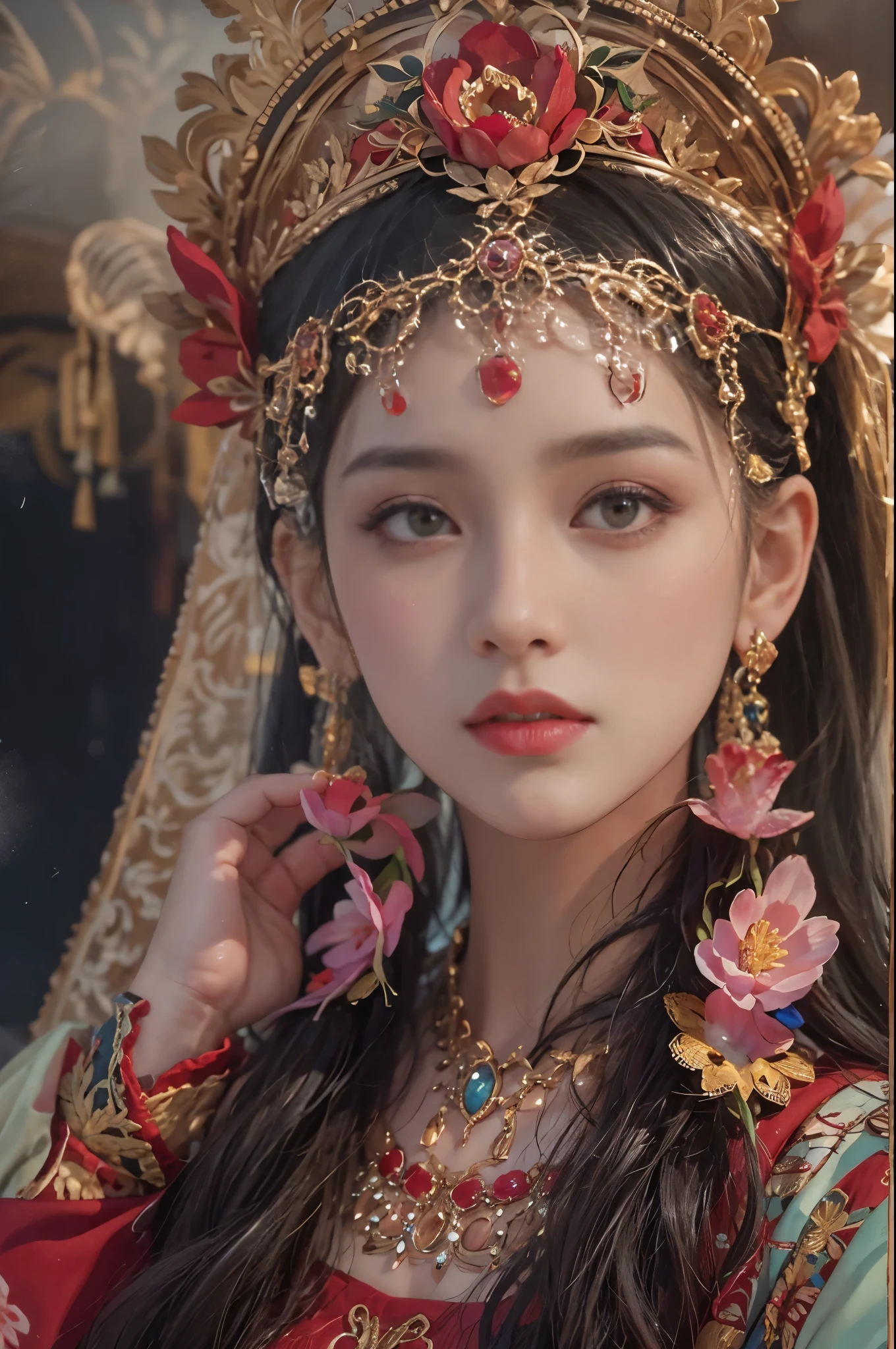 Best quality，masterpiece，((Ultra-fine high resolution))，（Reality：1.4），RAW photos，1 girl，（hair crown：1.2），Traditional costumes of Dunhuang, China，Strapless，（Red Eyeliner：1.2），Earrings and Nipple Rings，Dynamic angle，Broken temple，carved，Messy long hair，Movie Lighting，Velvet，peony，Nipple tassels，Ribbon，color embroidery，upper body，Facing the camera，dynamic poses，Large target，Embroidered cloth shoes