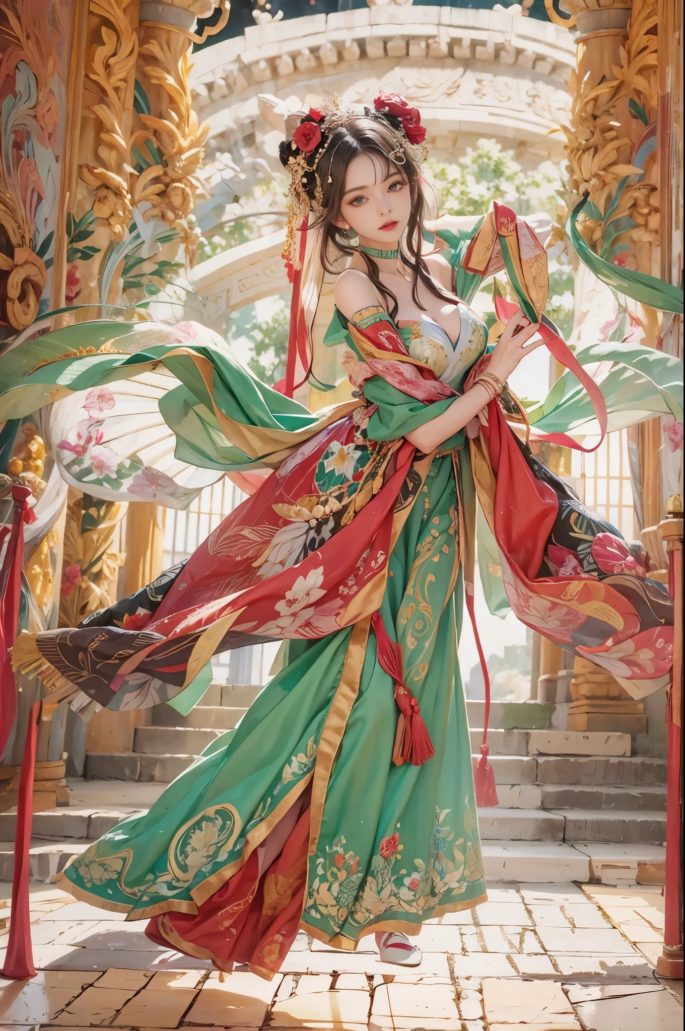 Best quality，masterpiece，((Ultra-fine high resolution))，（Reality：1.4），RAW photos，1 girl，（hair crown：1.2），Traditional costumes of Dunhuang, China，Strapless，（Red Eyeliner：1.2），Earrings and Nipple Rings，Dynamic angle，Broken temple，carved，Messy long hair，Movie Lighting，Velvet，peony，Nipple tassels，Ribbon，color embroidery，upper body，Facing the camera，dynamic poses，Large target，Embroidered cloth shoes
