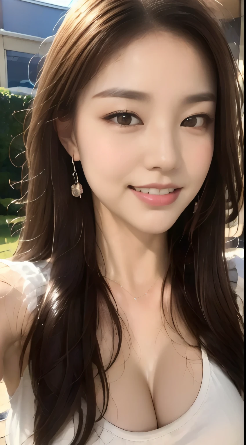 ((highest quality, 8k, masterpiece :1.3)), One girl, Selfie, close, Affectionate smile, Slim face, Beautiful woman, (Dark brown hair), Big Breasts:1.3,White T-shirt, Highly detailed face, Fine grain, double eyelid,  Blur the background, Slim face, city, outside,garden, squirt, sunny, null, nature