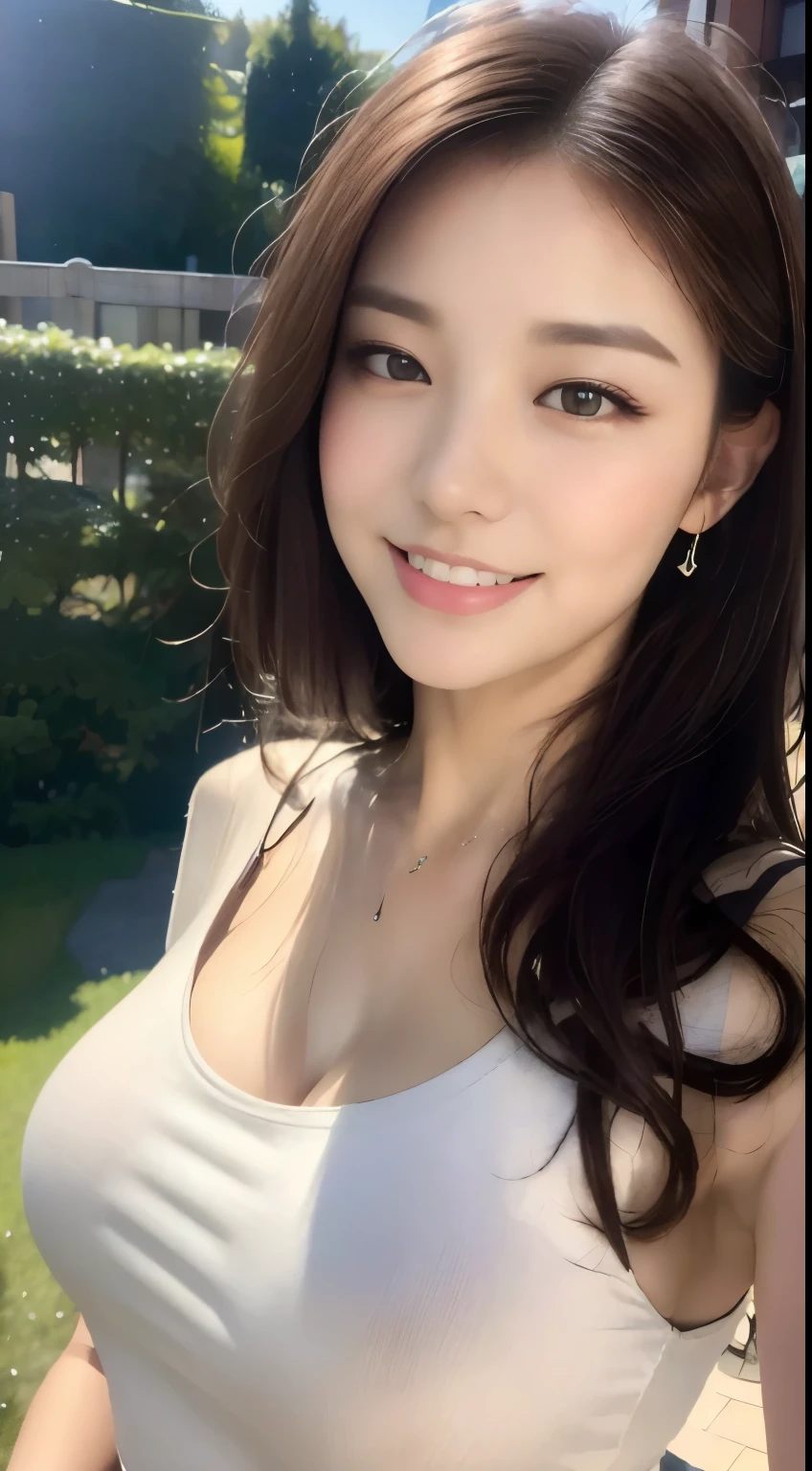 ((highest quality, 8k, masterpiece :1.3)), One girl, Selfie, close, Affectionate smile, Slim face, Beautiful woman, (Dark brown hair), Big Breasts:1.3,White T-shirt, Highly detailed face, Fine grain, double eyelid,  Blur the background, Slim face, city, outside,garden, squirt, sunny, null, nature