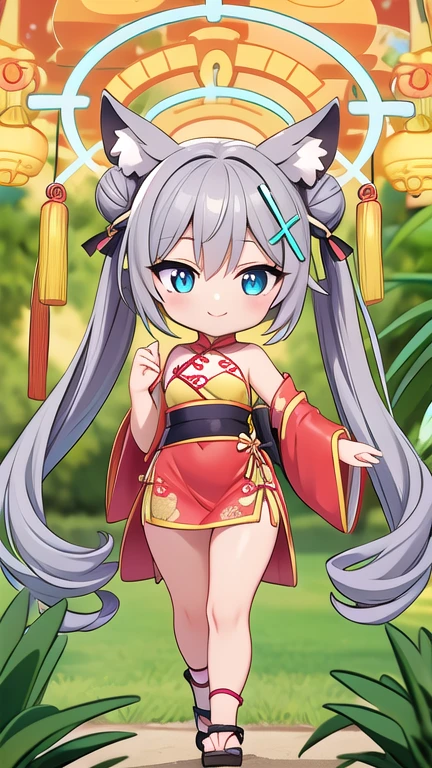 shiroko_bluearchive,beast ears, one girl with long twintail bun hair, skirtlift,looking at viewer, expose her camel toe,little smile,chinese dress, flower pattern, sleeveless, outdoor, festival, temple, slim, dizzy, big-chest, wide hips, perfect waist, day atmosphere, hair ornament, standing, full body,chibi