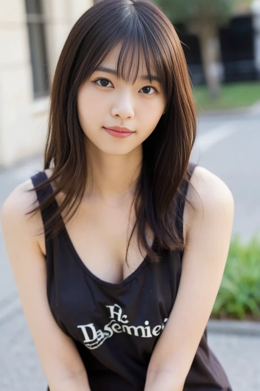 ((highest quality, 16k, masterpiece :1.3)), 1 girl, smile, whole body, Big Breasts、Beautiful woman, (Dark brown hair), Colorful onesies:1.1, Highly detailed face, Beautiful Eyes, double eyelid, Blur the background, city, outside, street,Large Breasts、Voluptuous thighs、From head to thighs