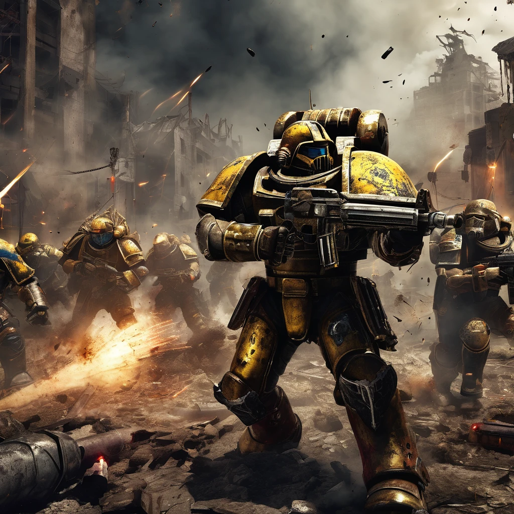(best quality,4k,8k,highres,masterpiece:1.2),ultra-detailed,(realistic,photorealistic,photo-realistic:1.37),warhammer 40k,Space marine,bloody,battered,bruised,damaged armor,defiantly,wields,chain sword,Ork warrior,grimdark,sci-fi,dystopian,futuristic,violent battle,smoke and dust,weapon clash,explosions,bullet shells flying,splattering blood,war-torn battlefield,heavy war machinery,desolate background,laser beams piercing the air,intense combat,high contrast lighting,gritty textures,grungy atmosphere,metallic surfaces,golden embossed armor,detailed facial features,ragged battle flag,floating debris,fierce determination