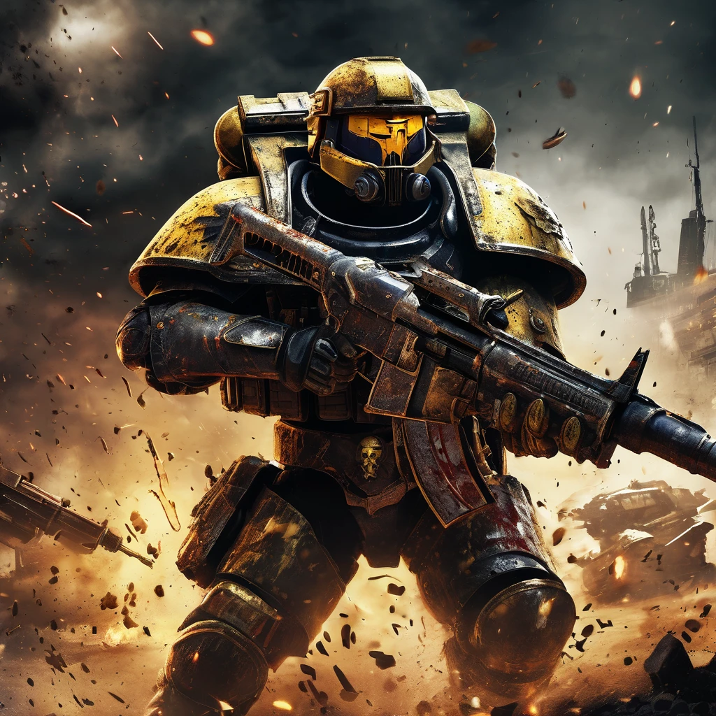 (best quality,4k,8k,highres,masterpiece:1.2),ultra-detailed,(realistic,photorealistic,photo-realistic:1.37),warhammer 40k,Space marine,bloody,battered,bruised,damaged armor,defiantly,wields,chain sword,Ork warrior,grimdark,sci-fi,dystopian,futuristic,violent battle,smoke and dust,weapon clash,explosions,bullet shells flying,splattering blood,war-torn battlefield,heavy war machinery,desolate background,laser beams piercing the air,intense combat,high contrast lighting,gritty textures,grungy atmosphere,metallic surfaces,golden embossed armor,detailed facial features,ragged battle flag,floating debris,fierce determination